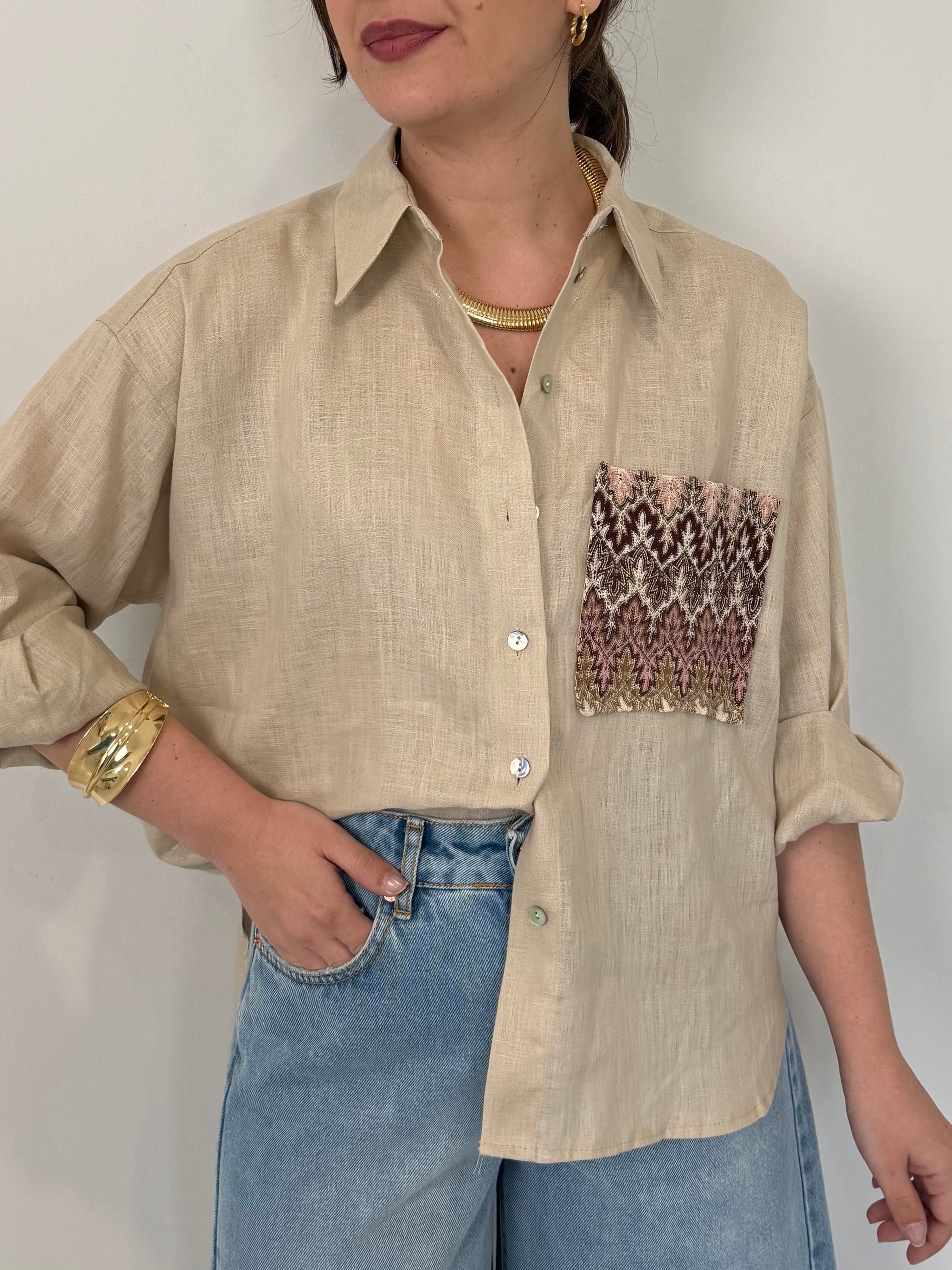 Tensione In - Camicia in lino zigzag sabbia