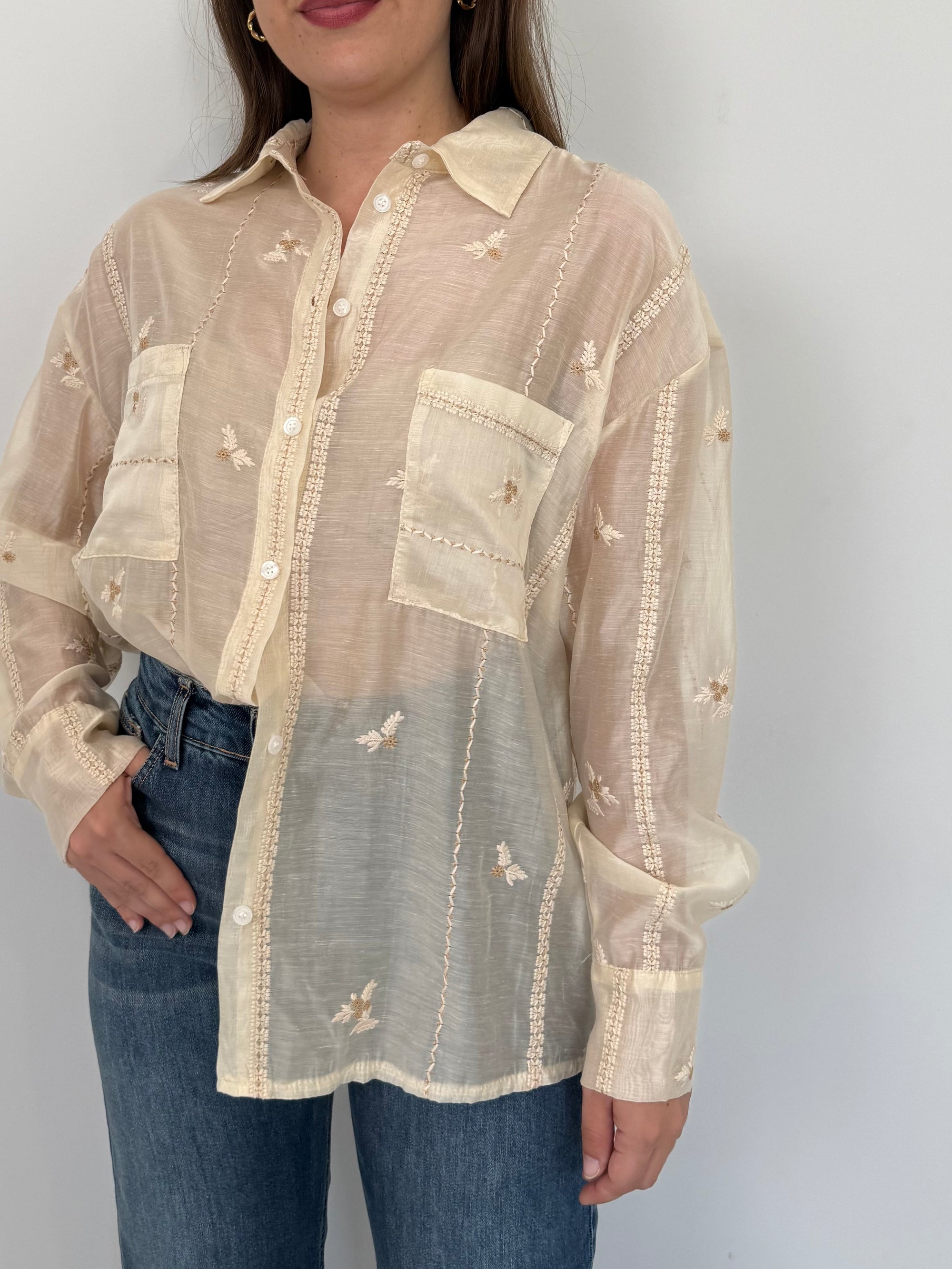 Haveone - Camicia fiori ricamati beige