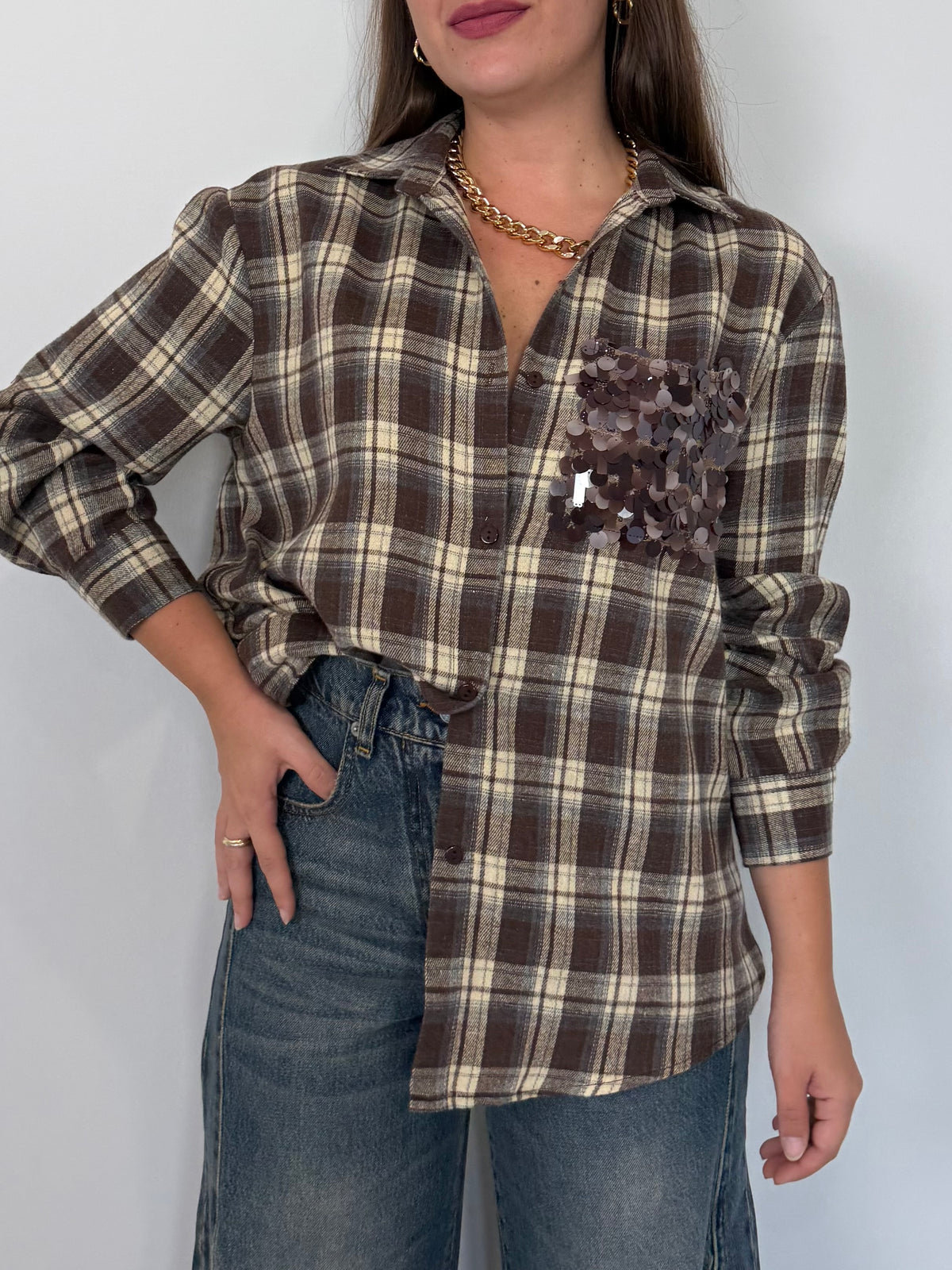 SusyMix - Camicia check moro con tasca paillettes