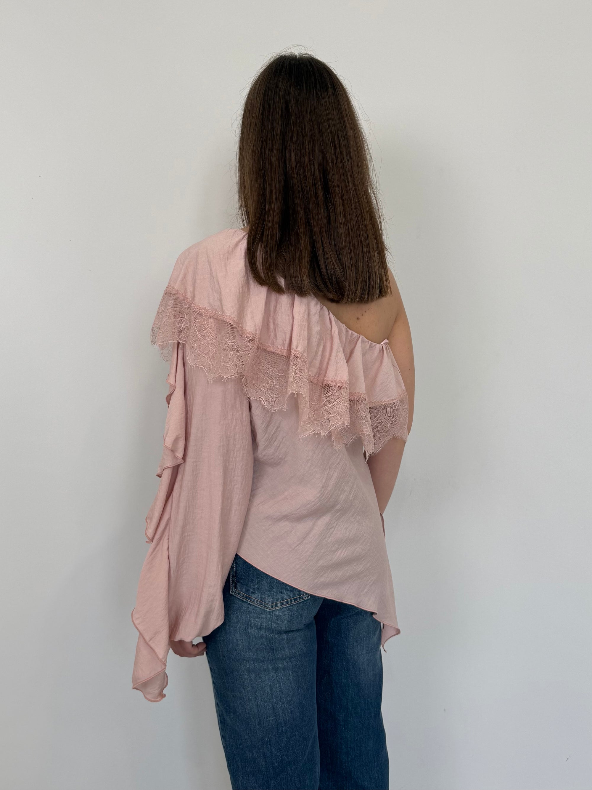 Haveone - Maglia monospalla con pizzo rosa