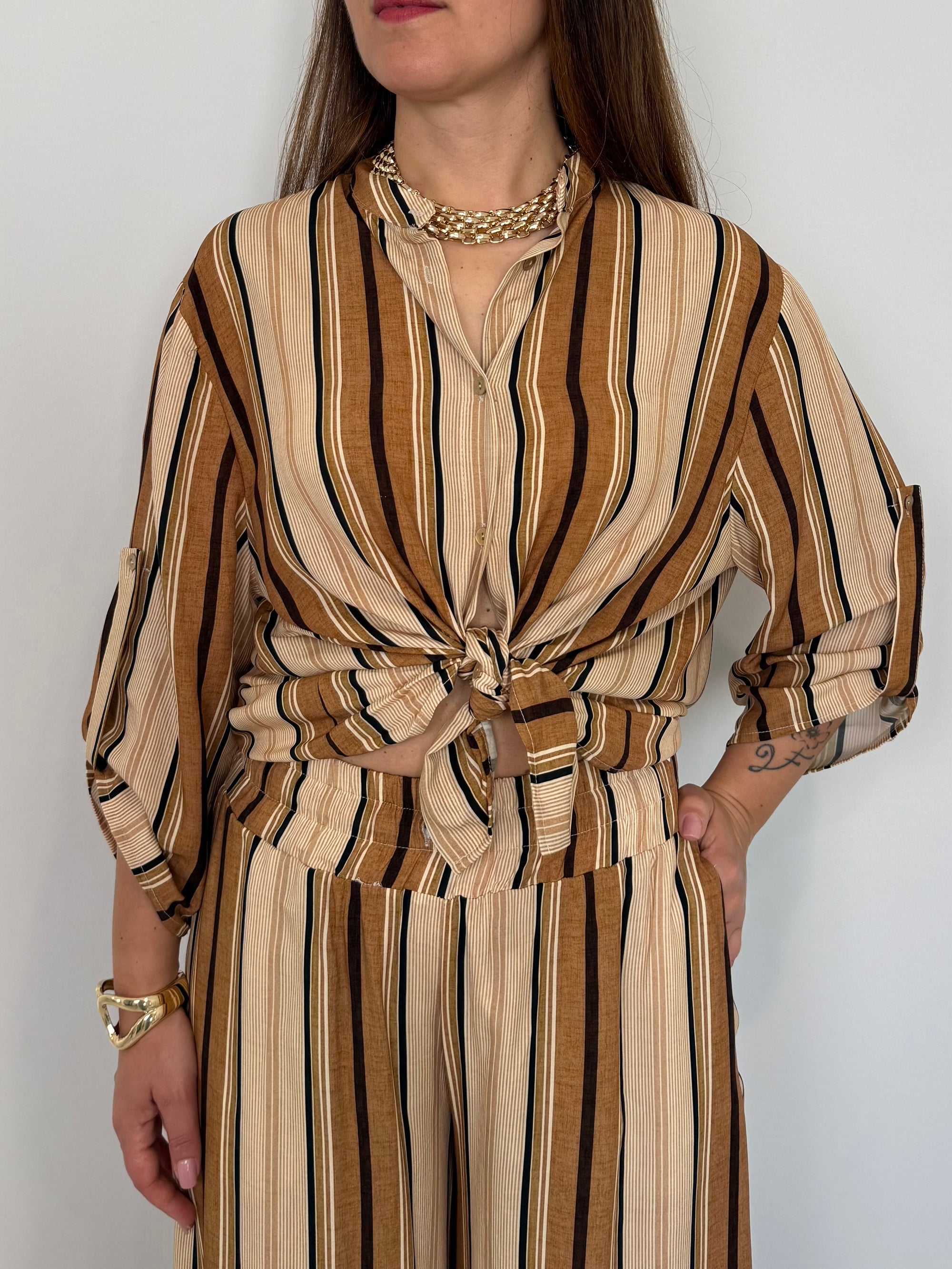 Haveone - Camicia in viscosa riga senape