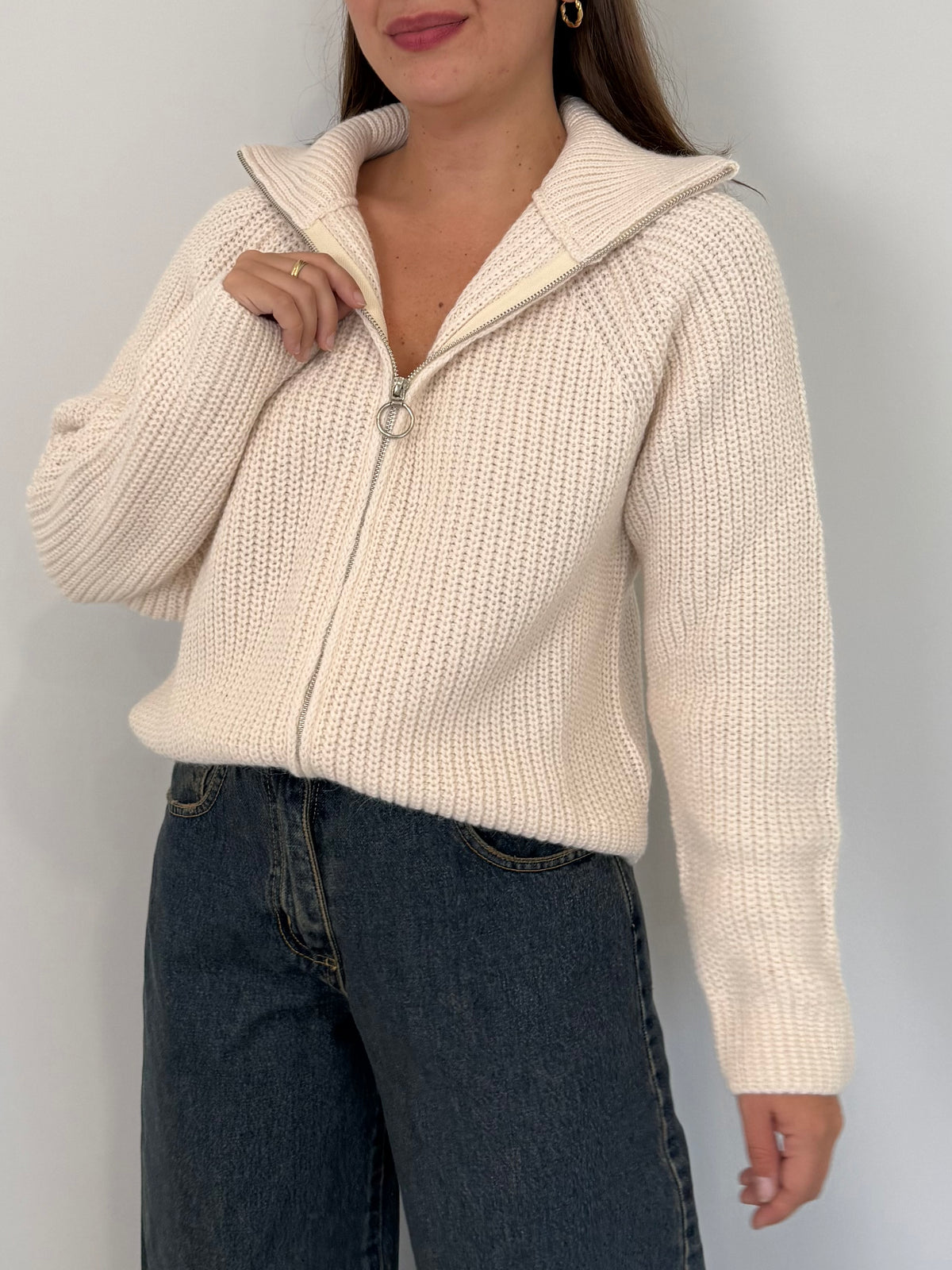 Haveone - Cardigan con zip panna