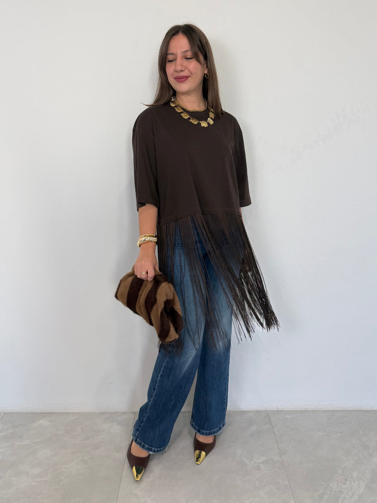 Haveone - Maglia con frange moro