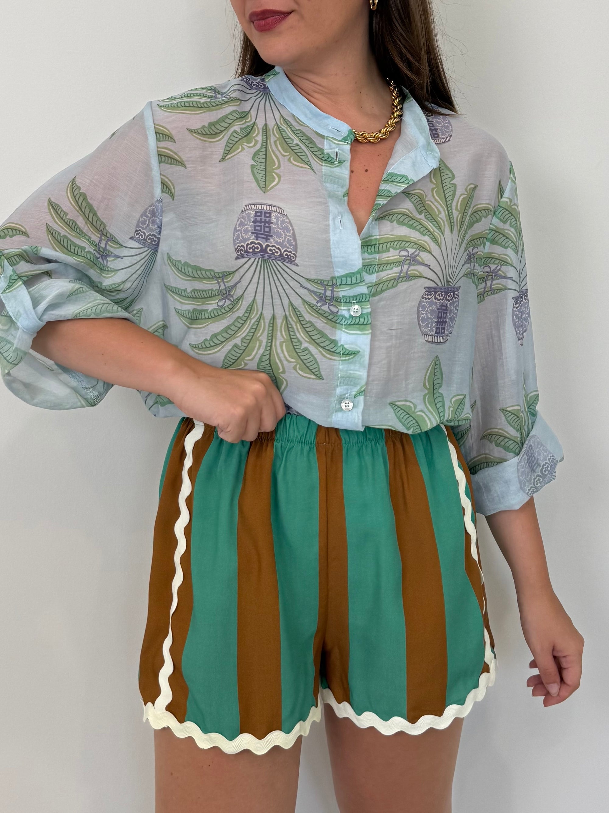 Haveone - Short rigato acquamarina con trinetta