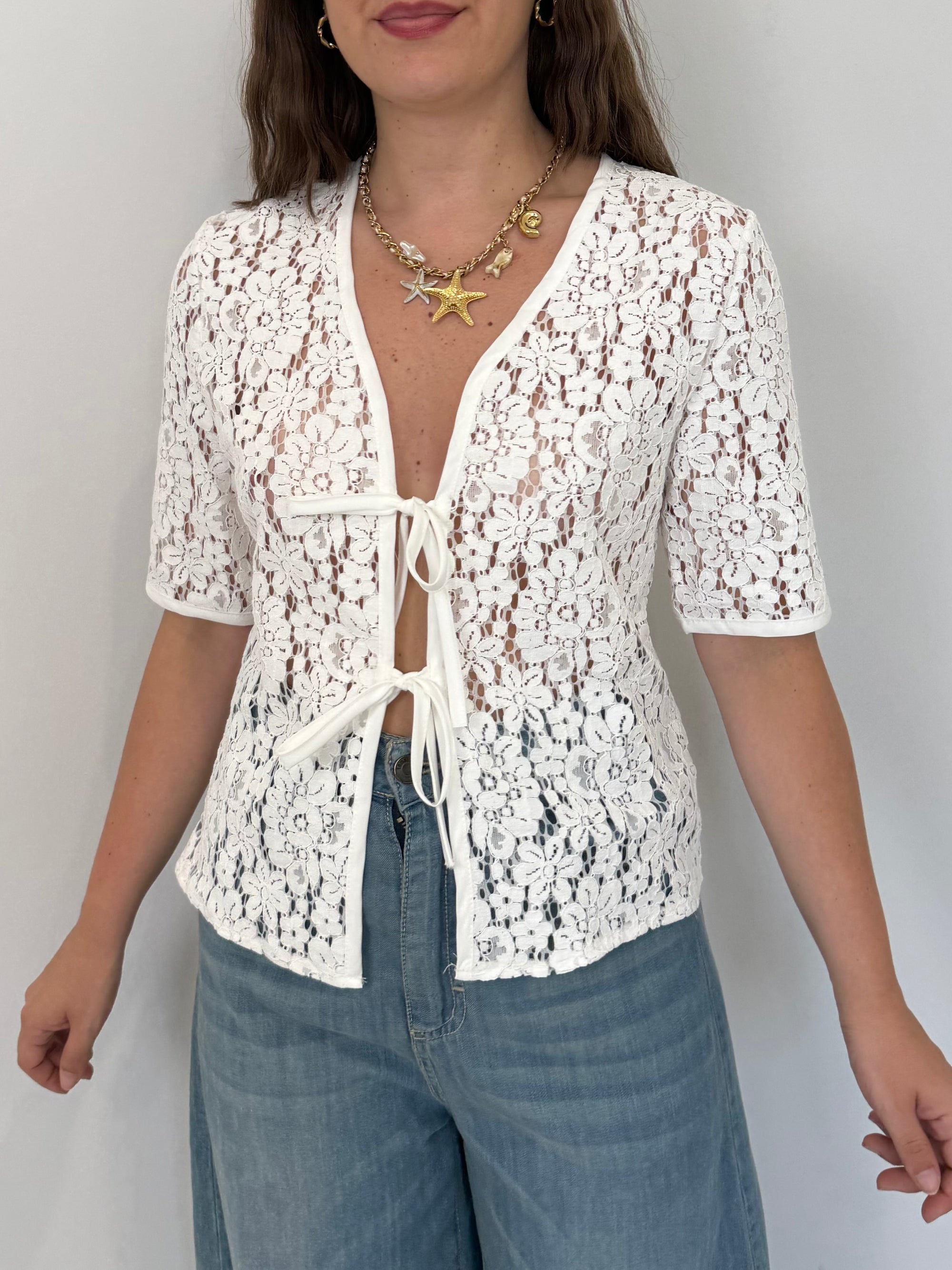 Haveone - Maglia con fiocchi in crochet bianca