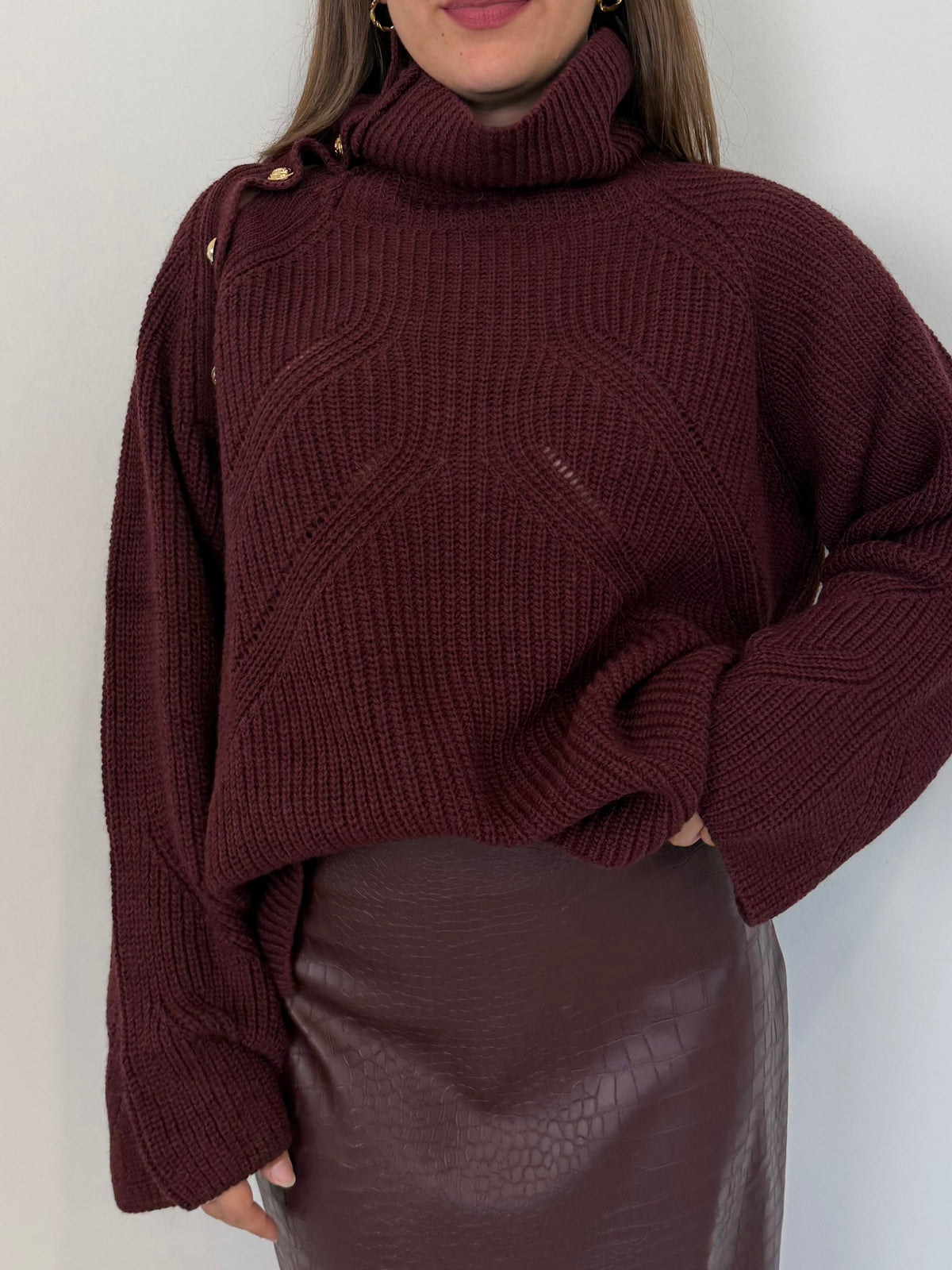 Tensione In - Maglione con collo e bottoni bordeaux