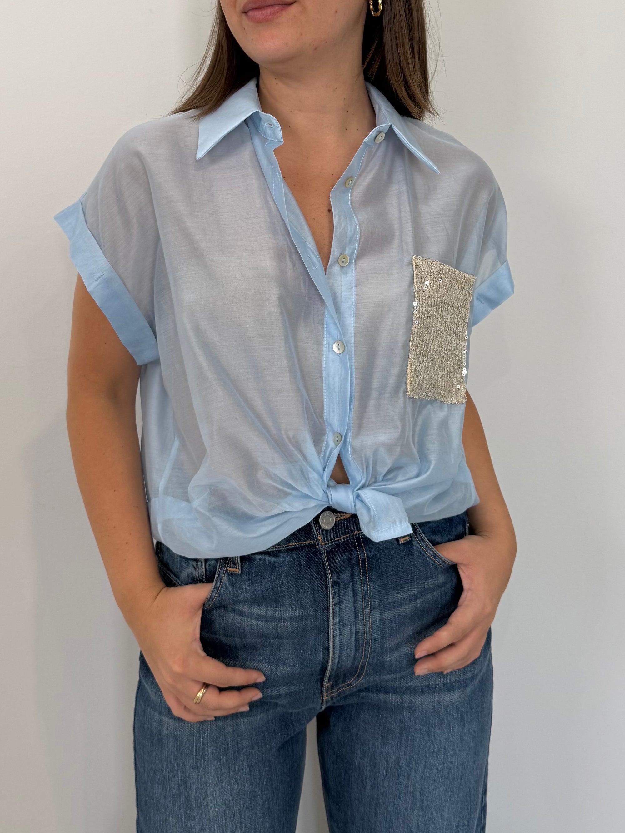 SusyMix - Camicia con tasca paillettes celeste