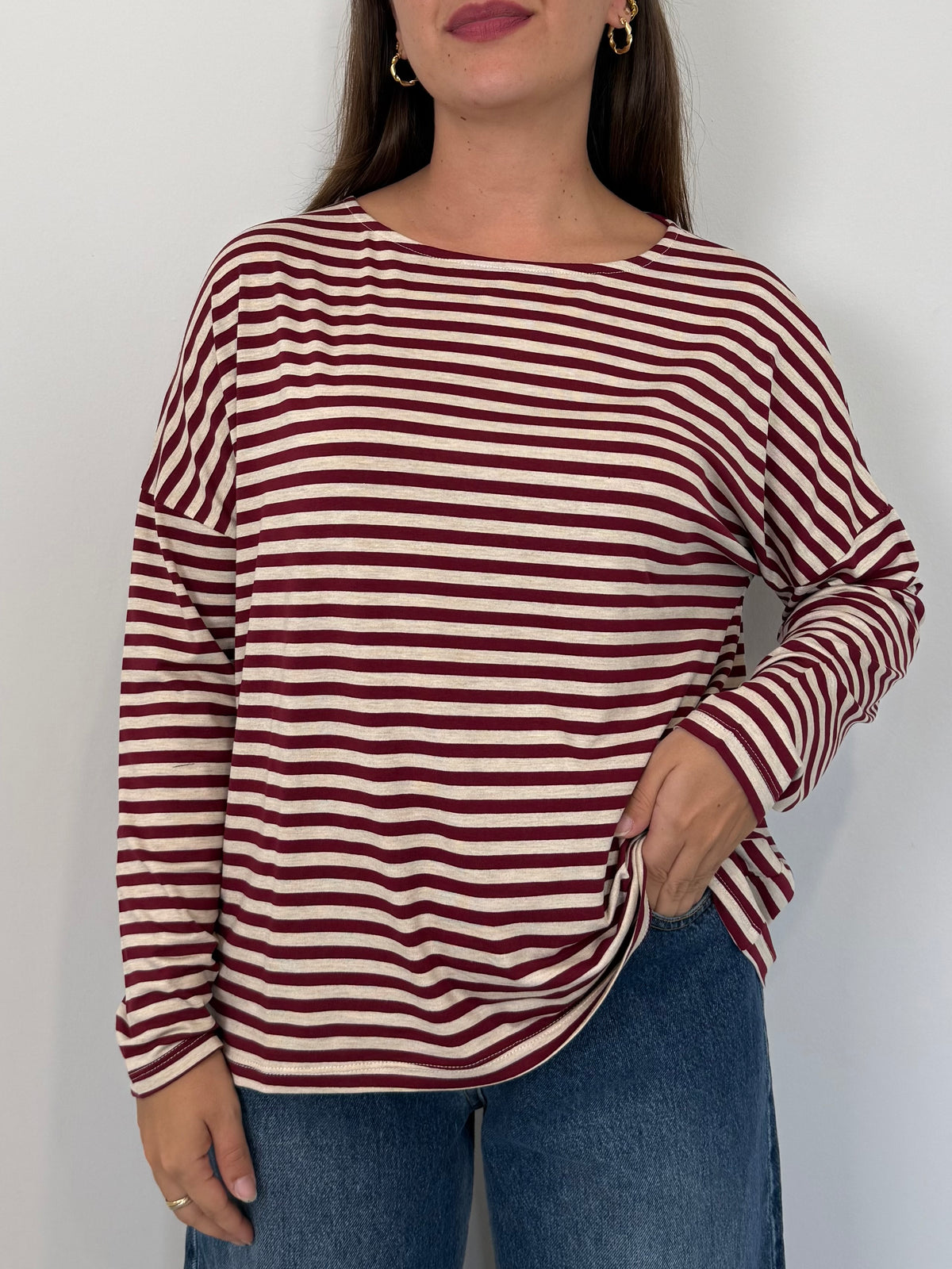 SusyMix - Maglia scatola scollo barca righe bordeaux