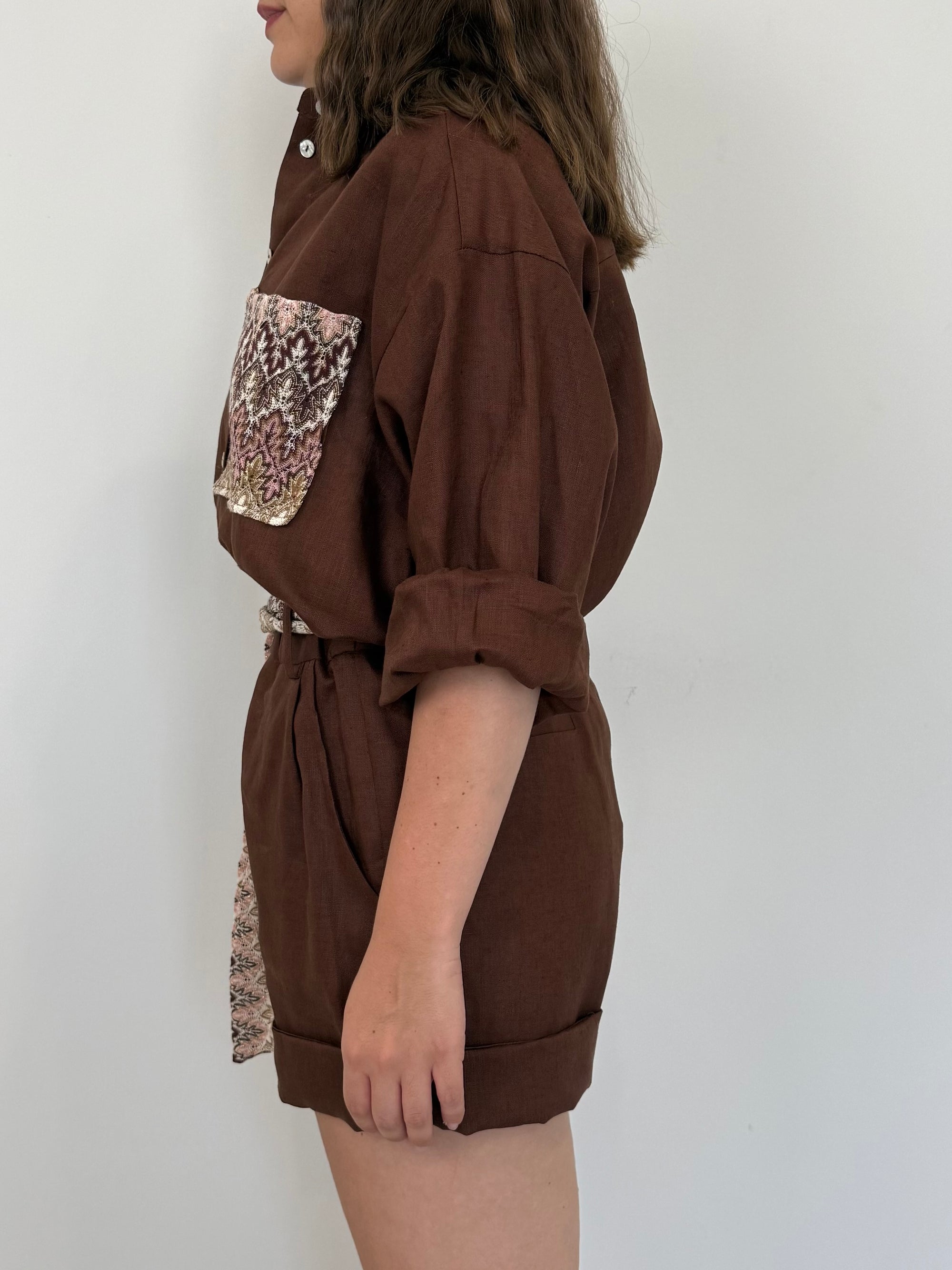 Tensione In - Short in lino zigzag moro