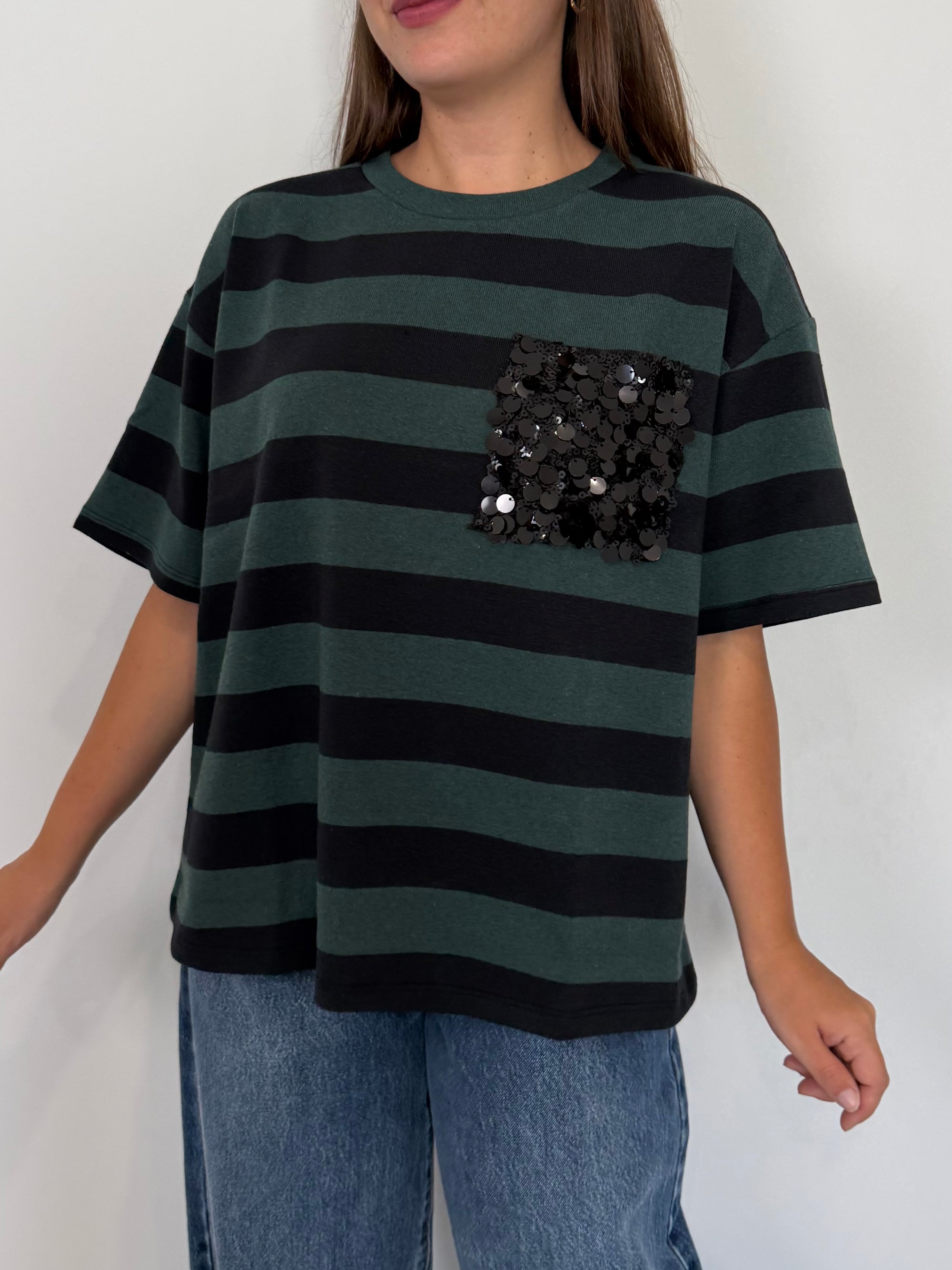 SusyMix - Maglia righe verde nera con tasca paillettes