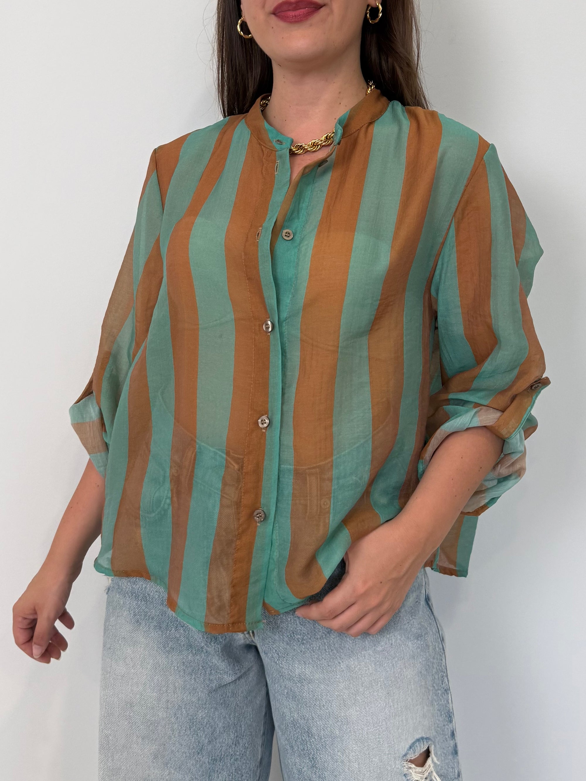 Haveone - Camicia righe larghe acquamarina/sabbia