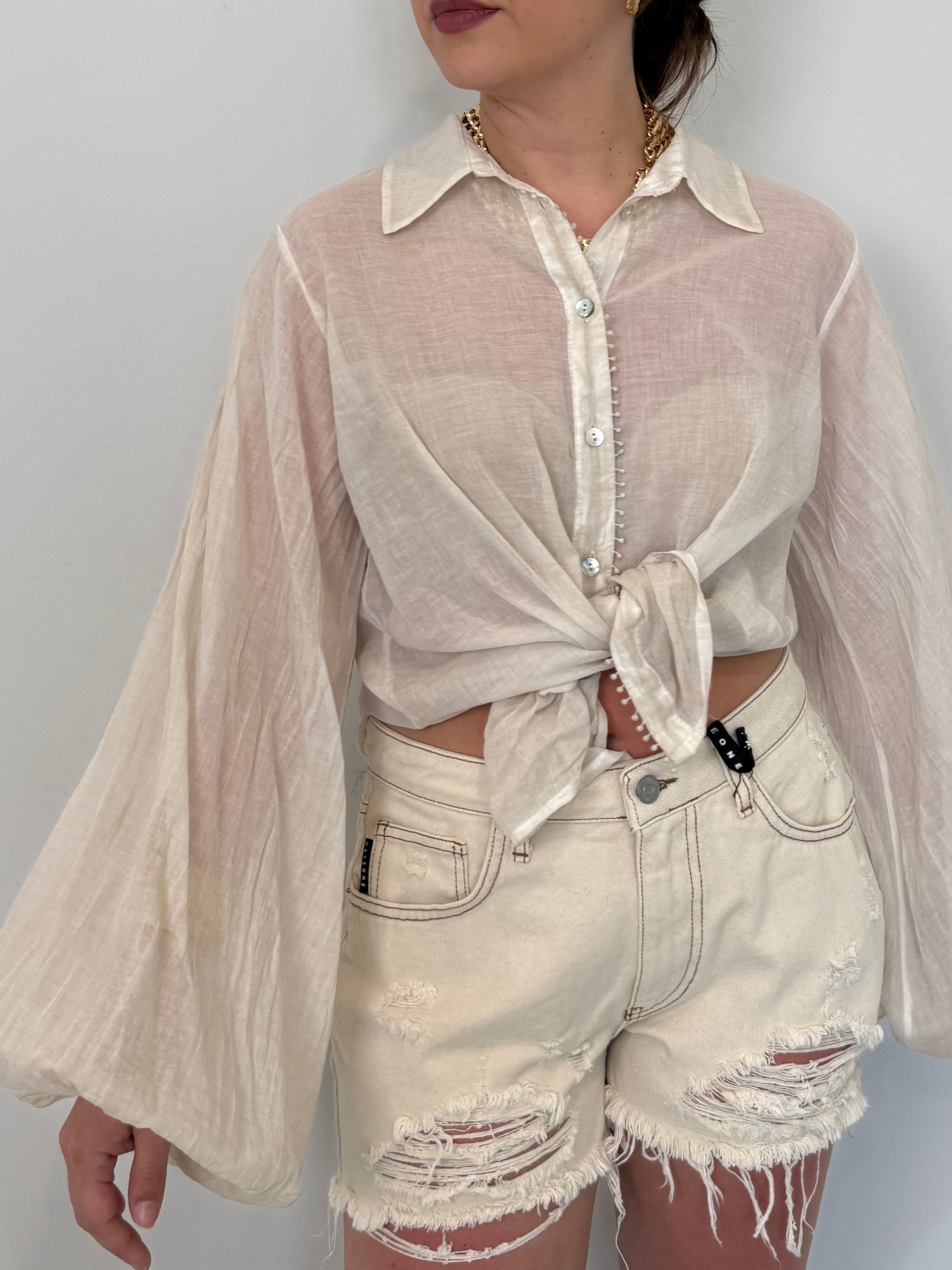 Haveone - Camicia in mussola con trina beige