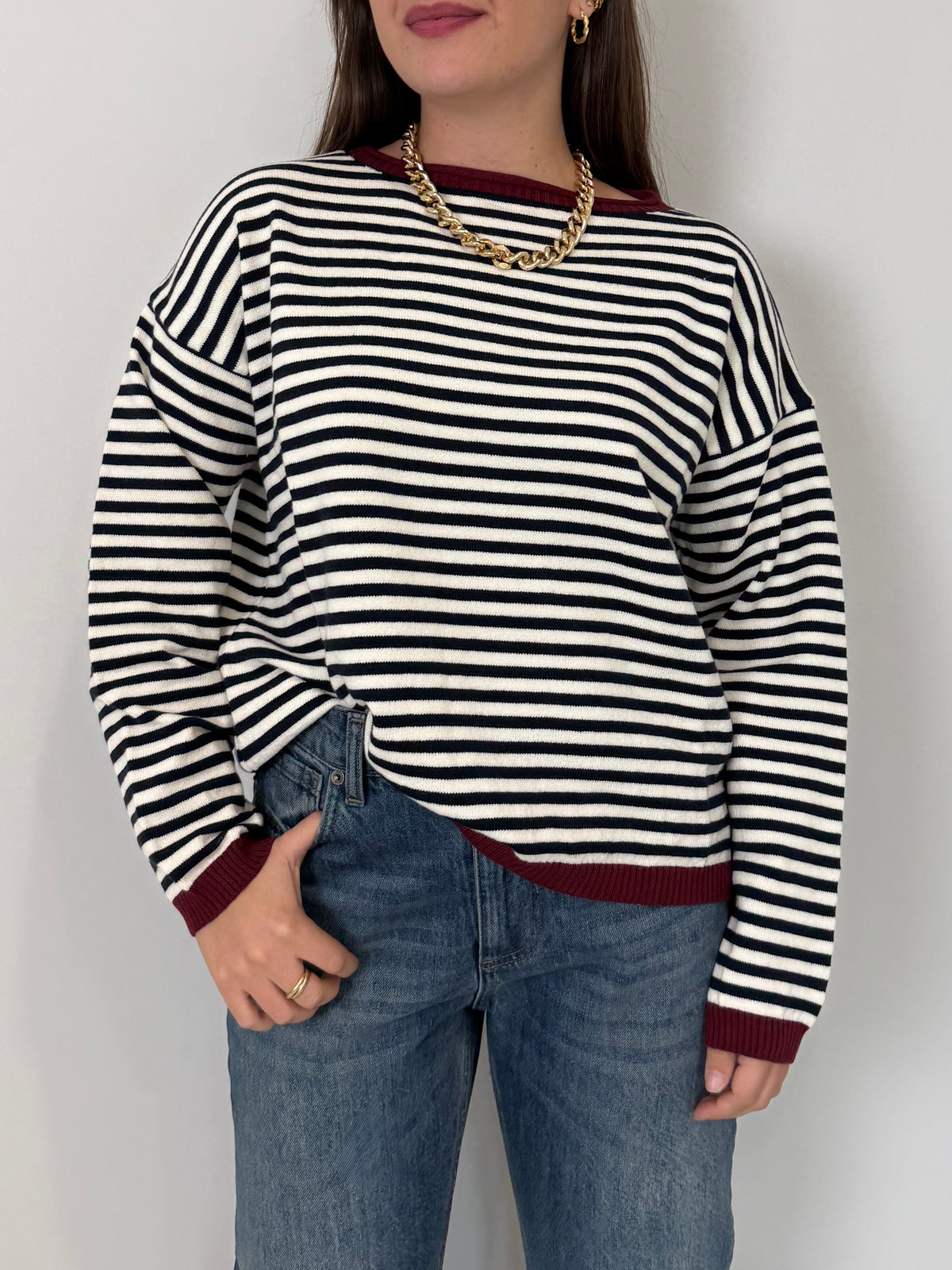 SusyMix - Maglioncino righe blu contrasto bordeaux