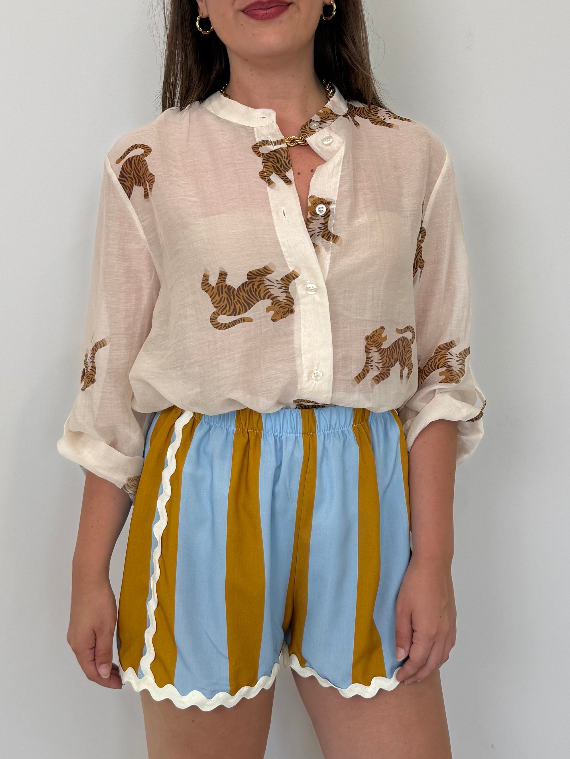 Haveone - Short rigato celeste con trinetta