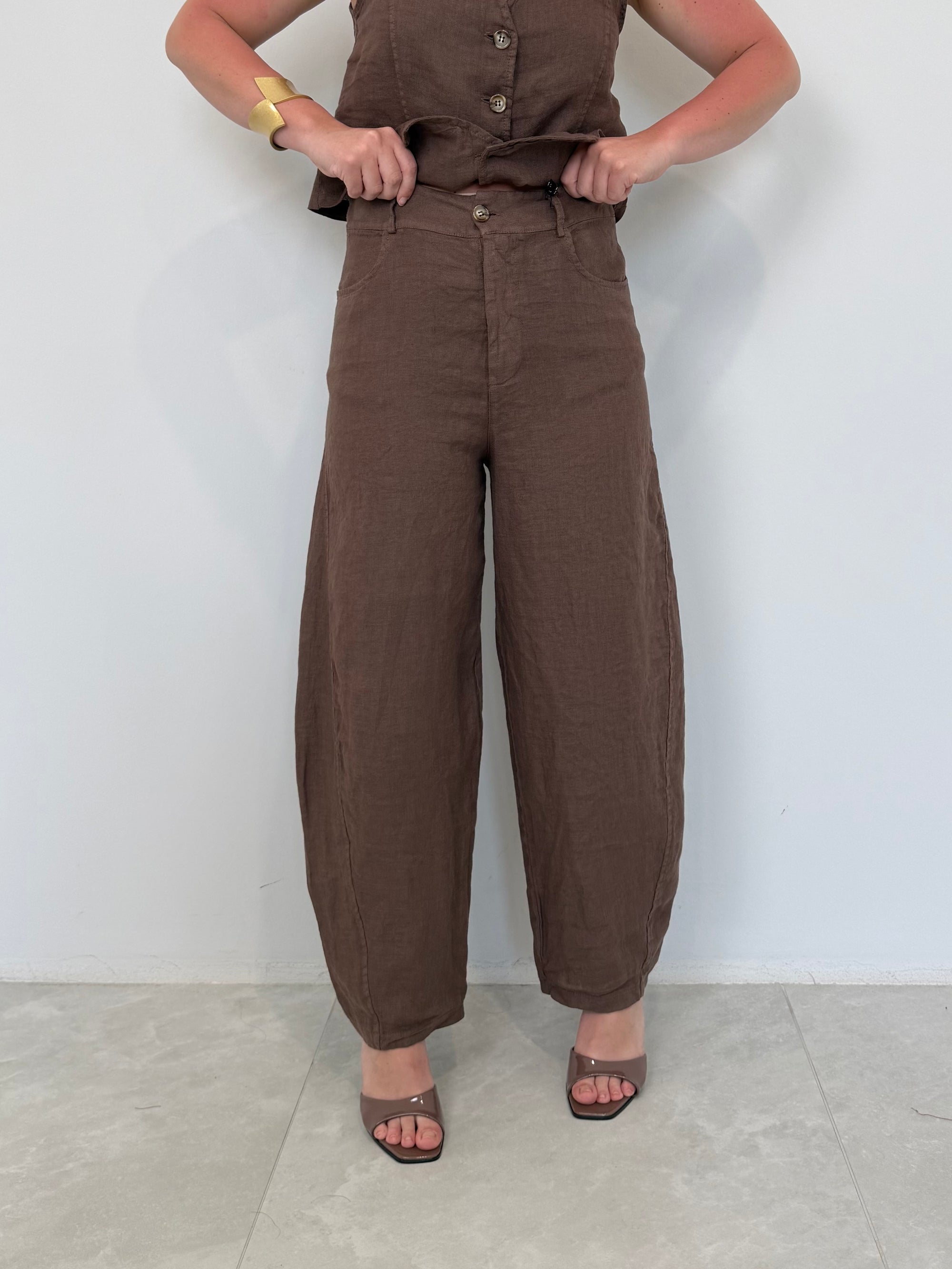 Haveone - Pantalone barrel in lino moro