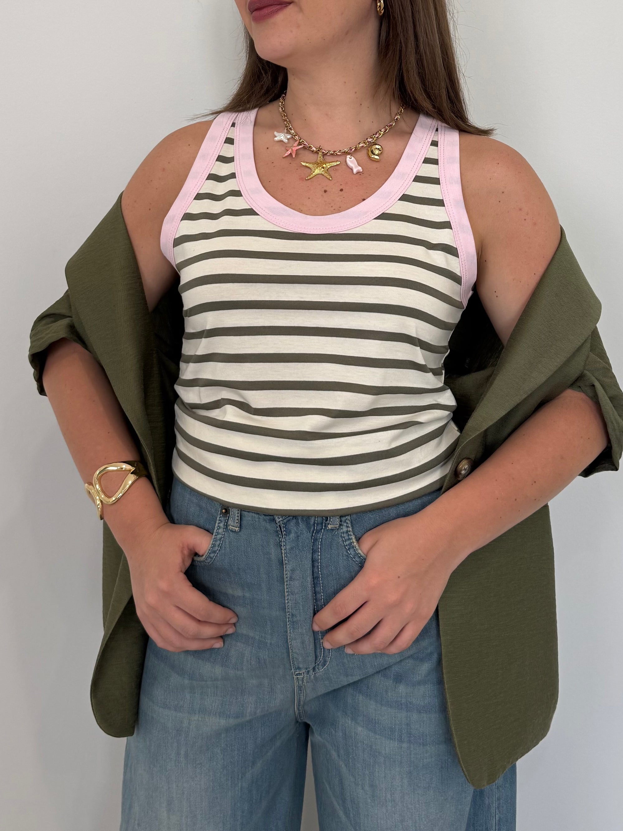 SusyMix - Canotta righe verde contrasto rosa