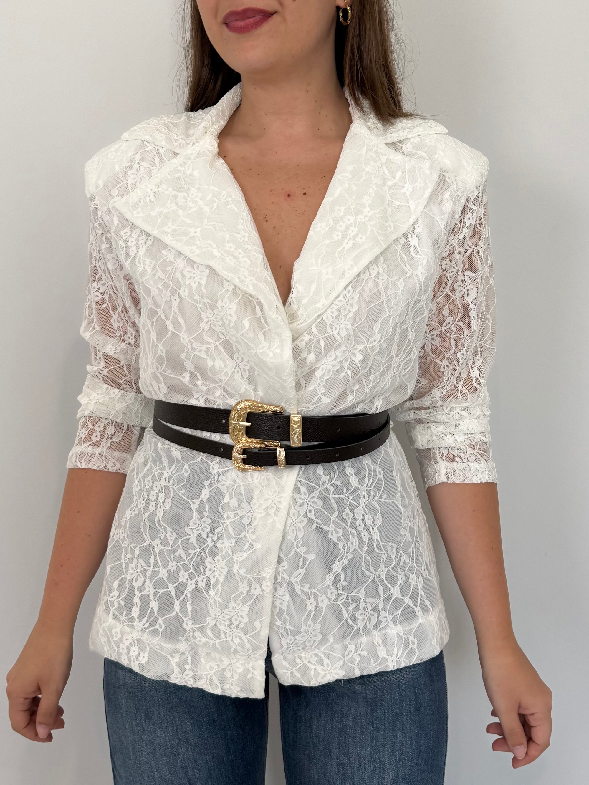 Haveone - Giacca in pizzo con cinture bianca