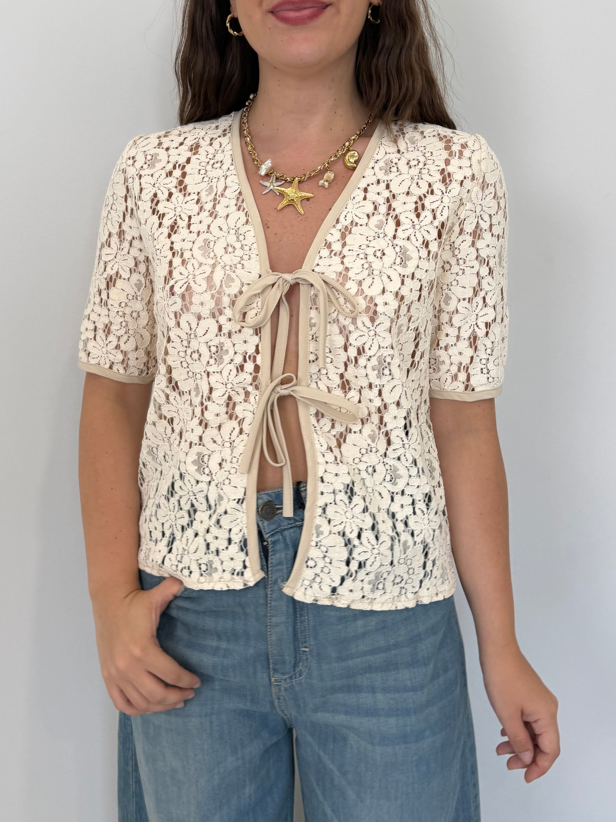 Haveone - Maglia con fiocchi in crochet beige