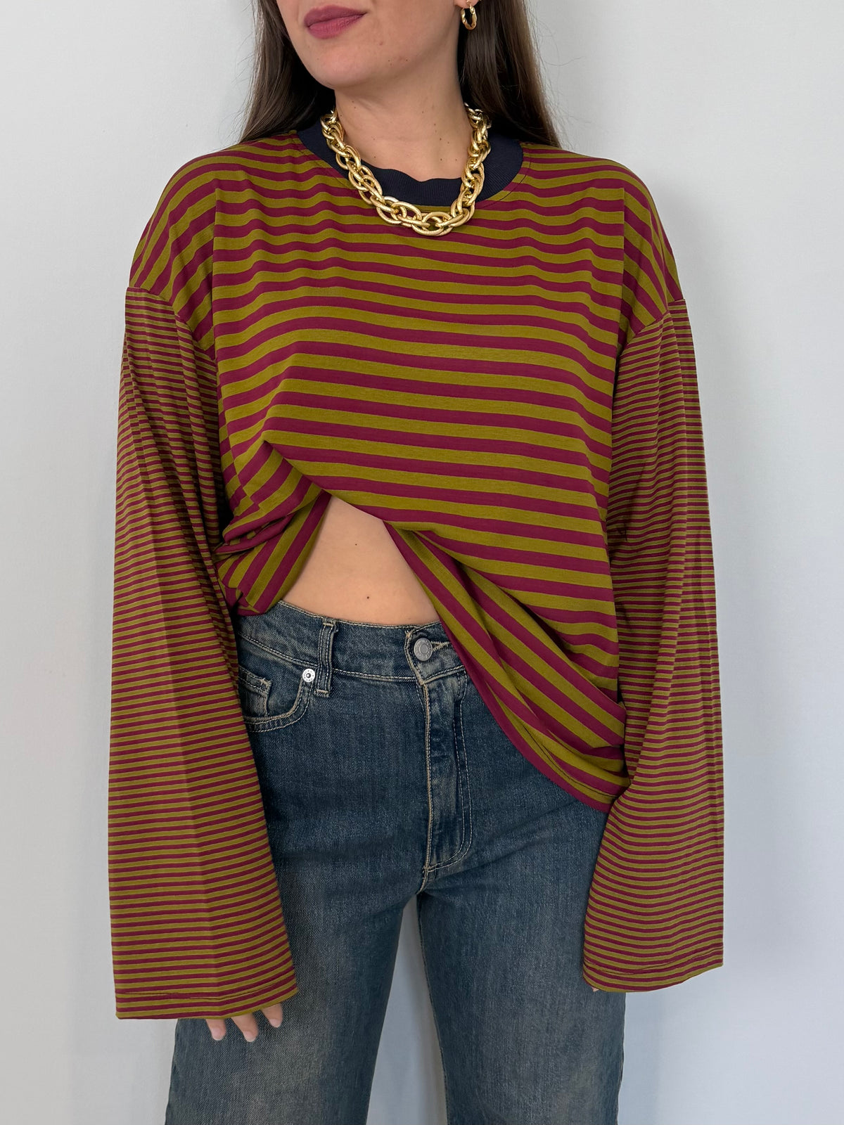 Haveone - Maglia over scatola pistacchio collo blu
