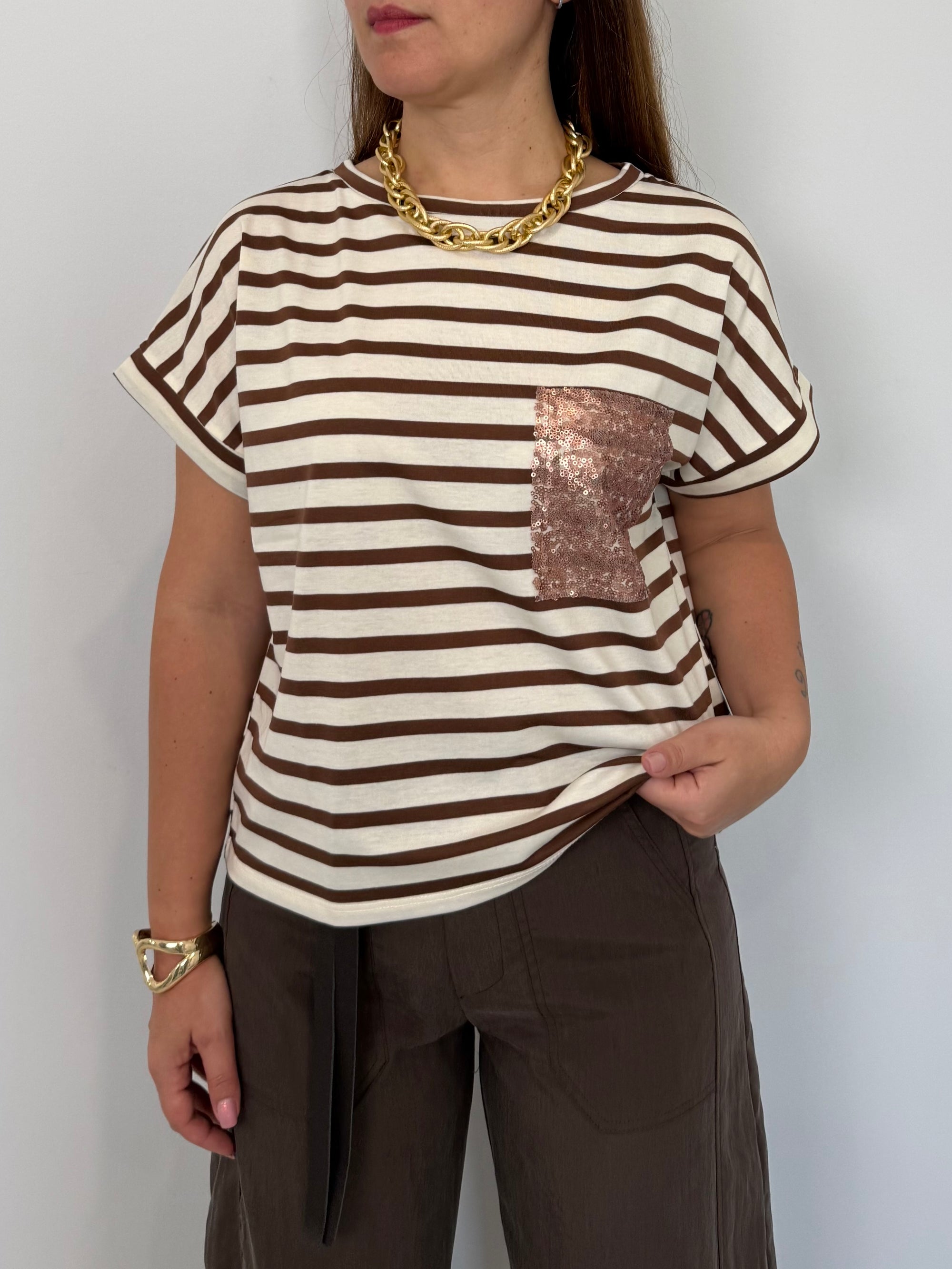 SusyMix - T-shirt taschino paillettes riga moro