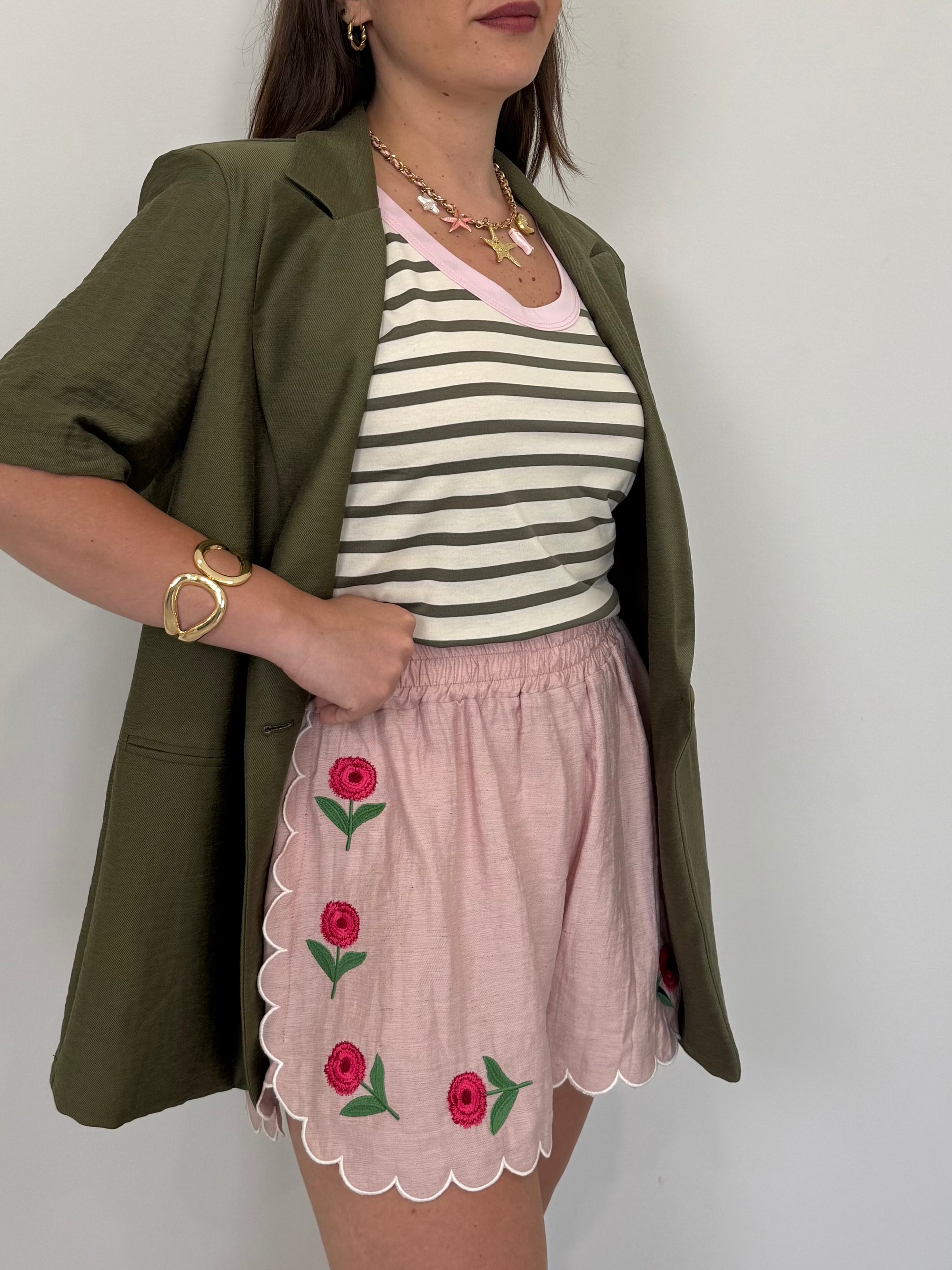 Haveone - Short con ricamo fiori rosa