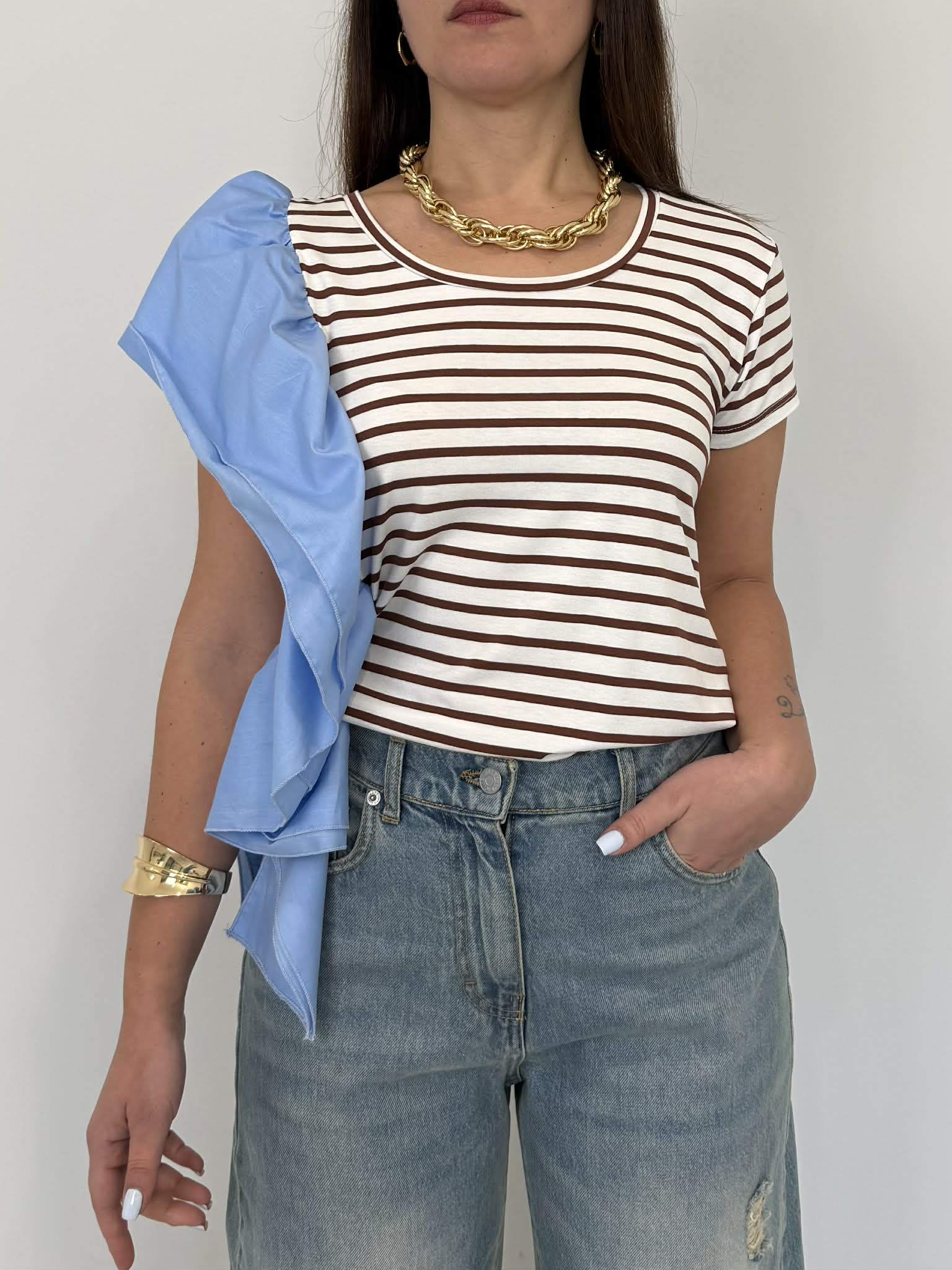 SusyMix - T-shirt righe con balza celeste