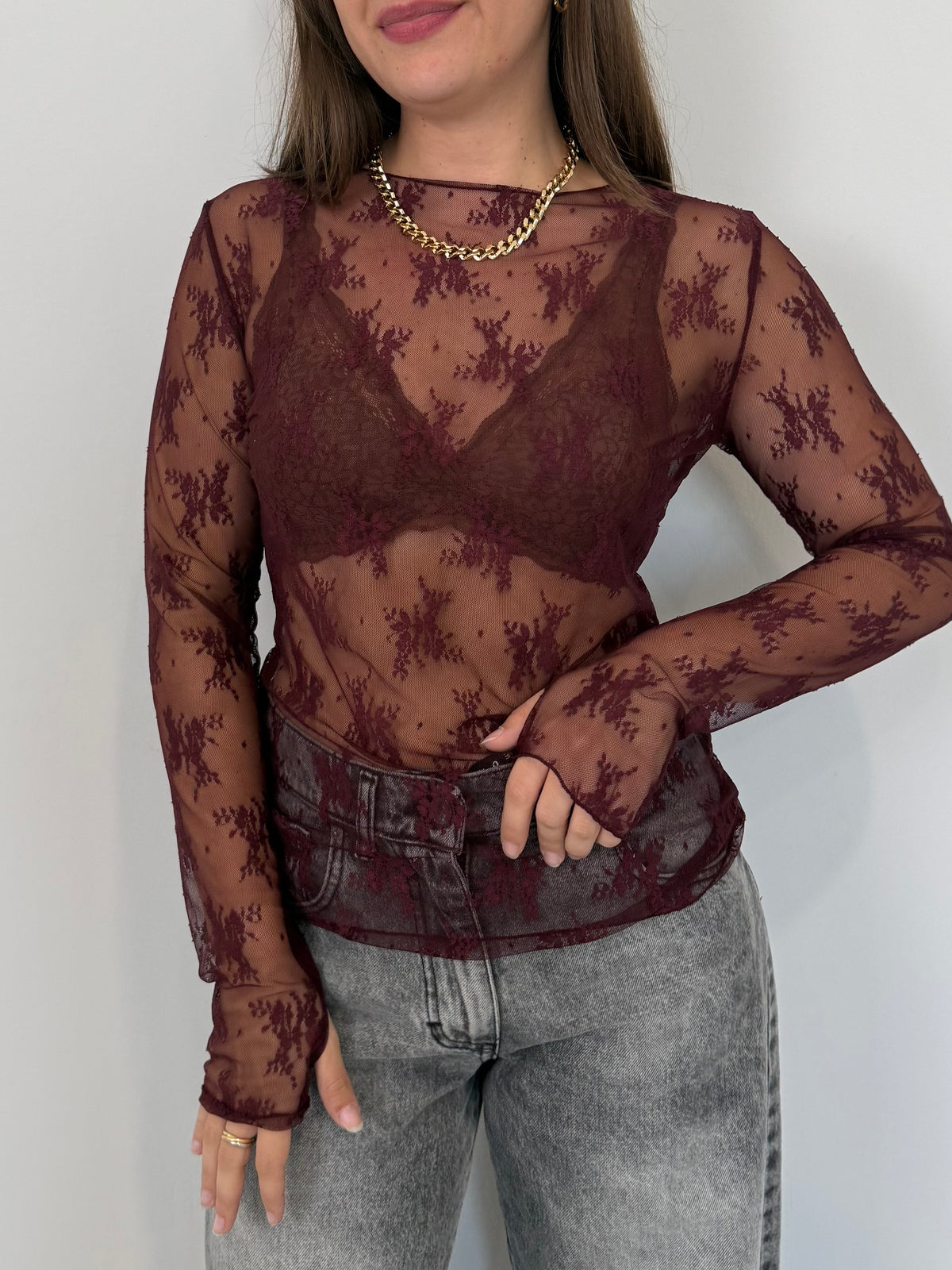 SusyMix - Maglia in pizzo con foro pollice bordeaux
