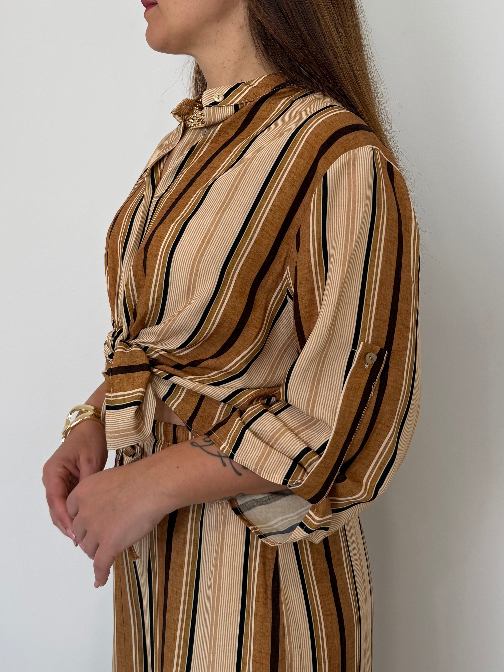 Haveone - Camicia in viscosa riga senape