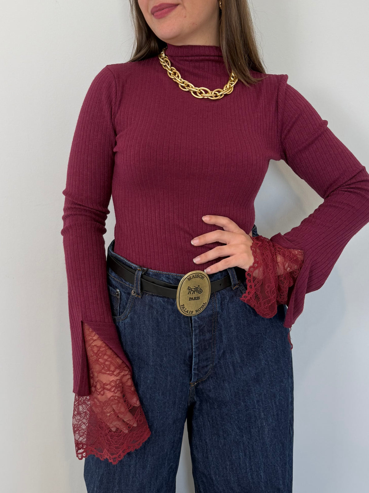 Haveone - Maglia con pizzo nella manica bordeaux