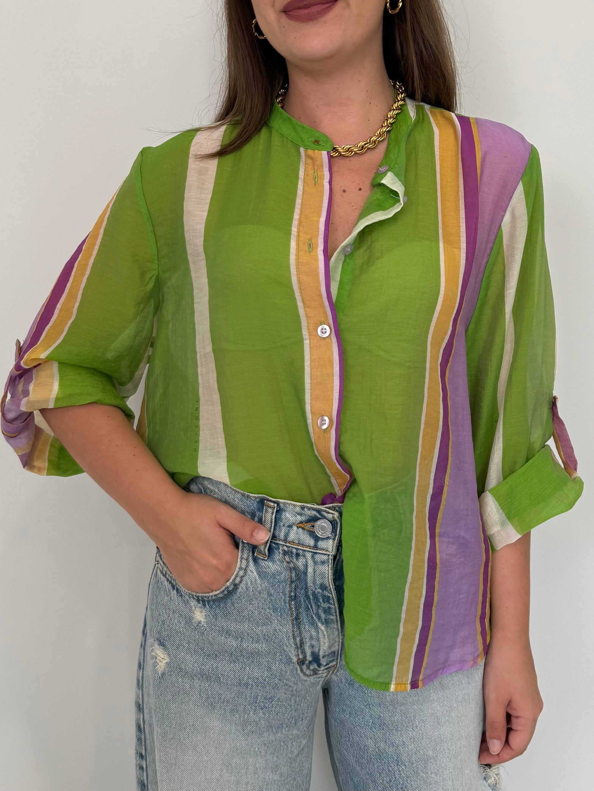 Haveone - Camicia righe asimmetriche verde