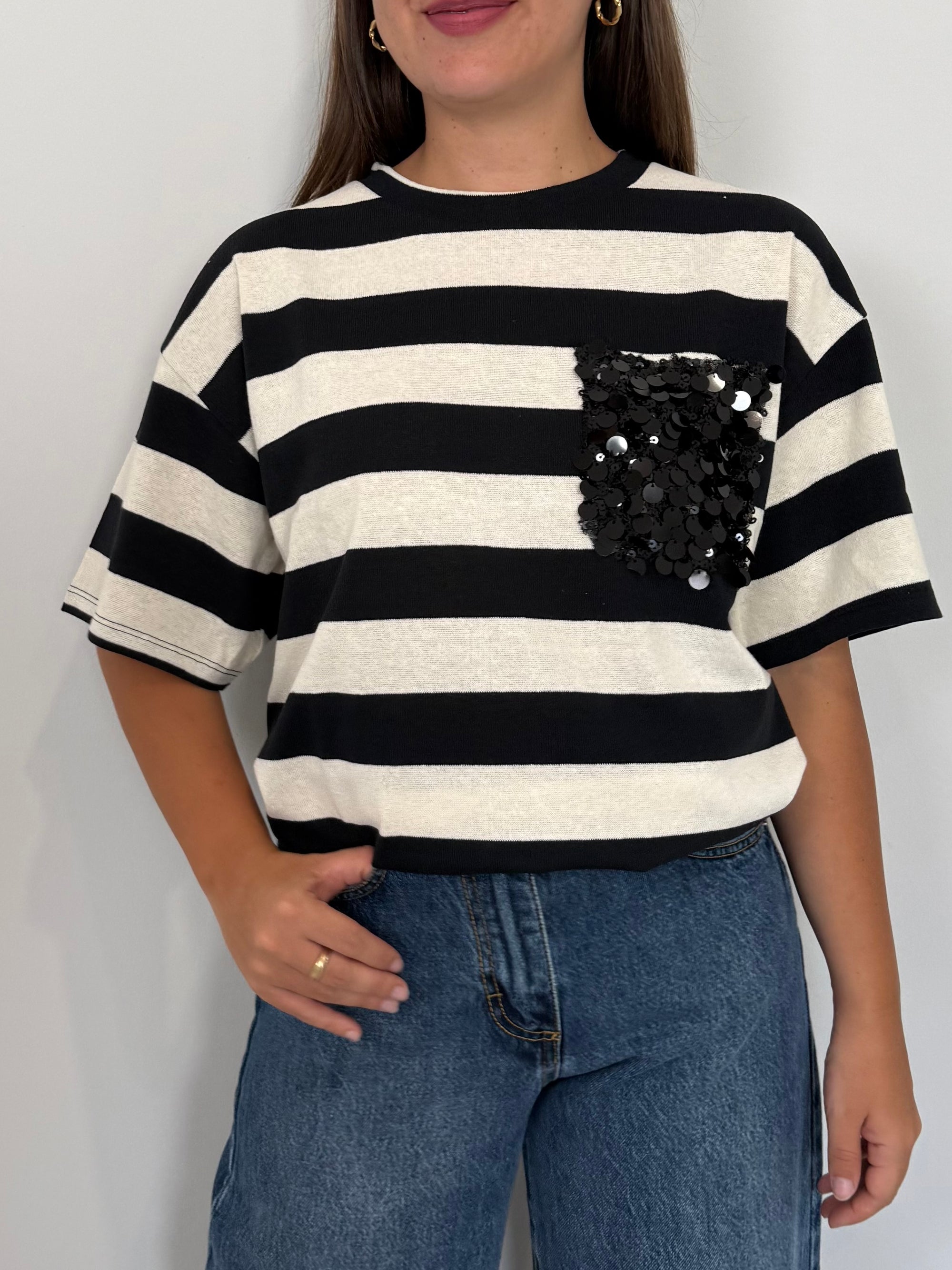 SusyMix - Maglia righe bianca nera con tasca paillettes