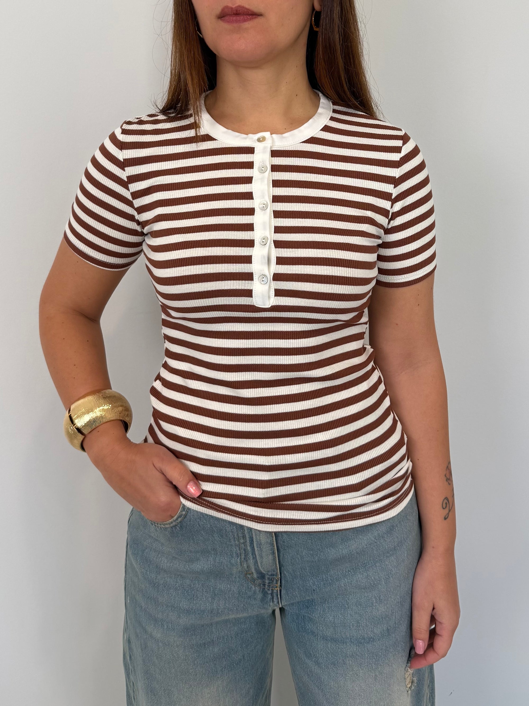 Haveone - T-shirt serafino riga tabacco