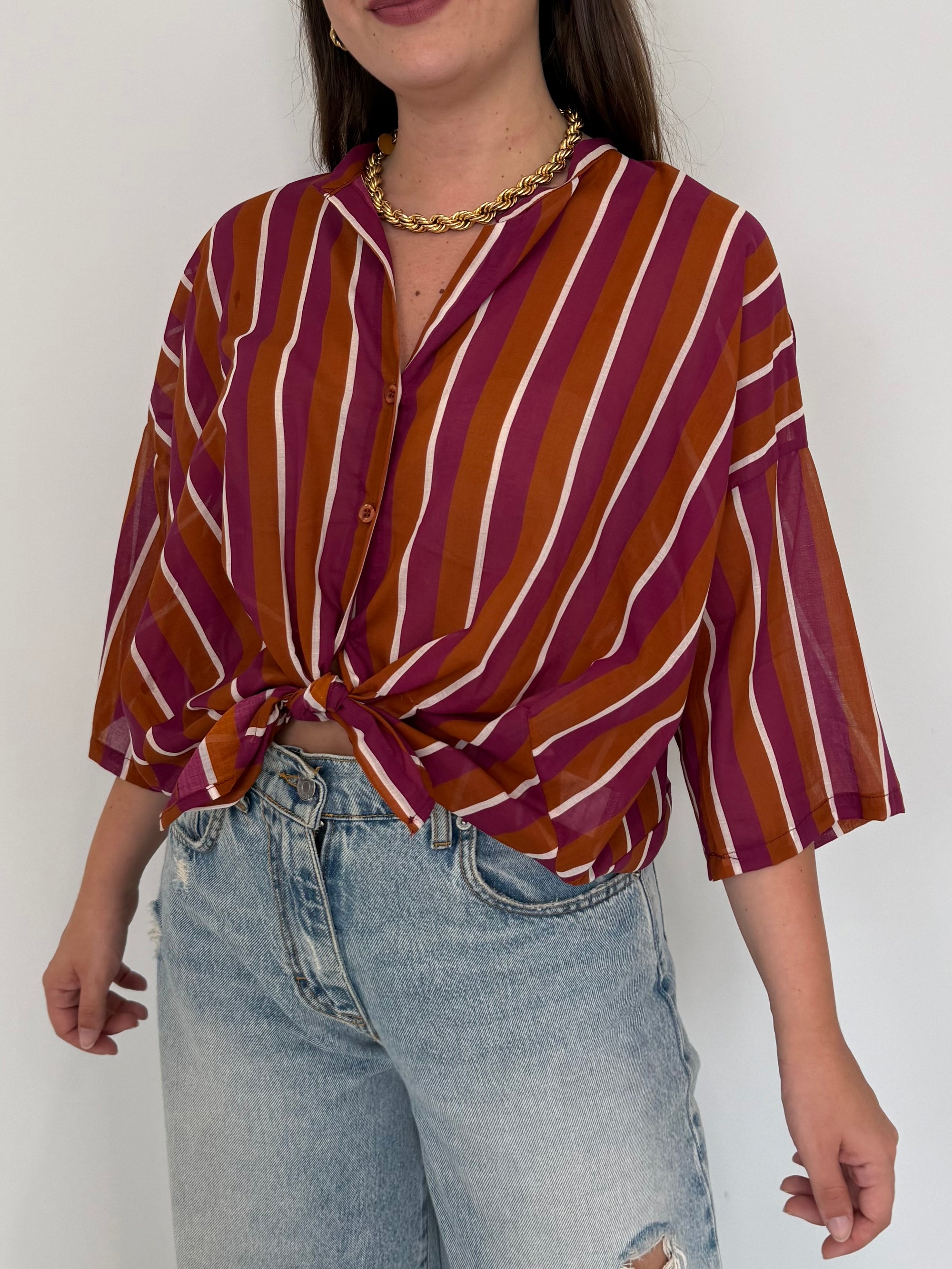 Tensione - Camicia righe tabacco magenta