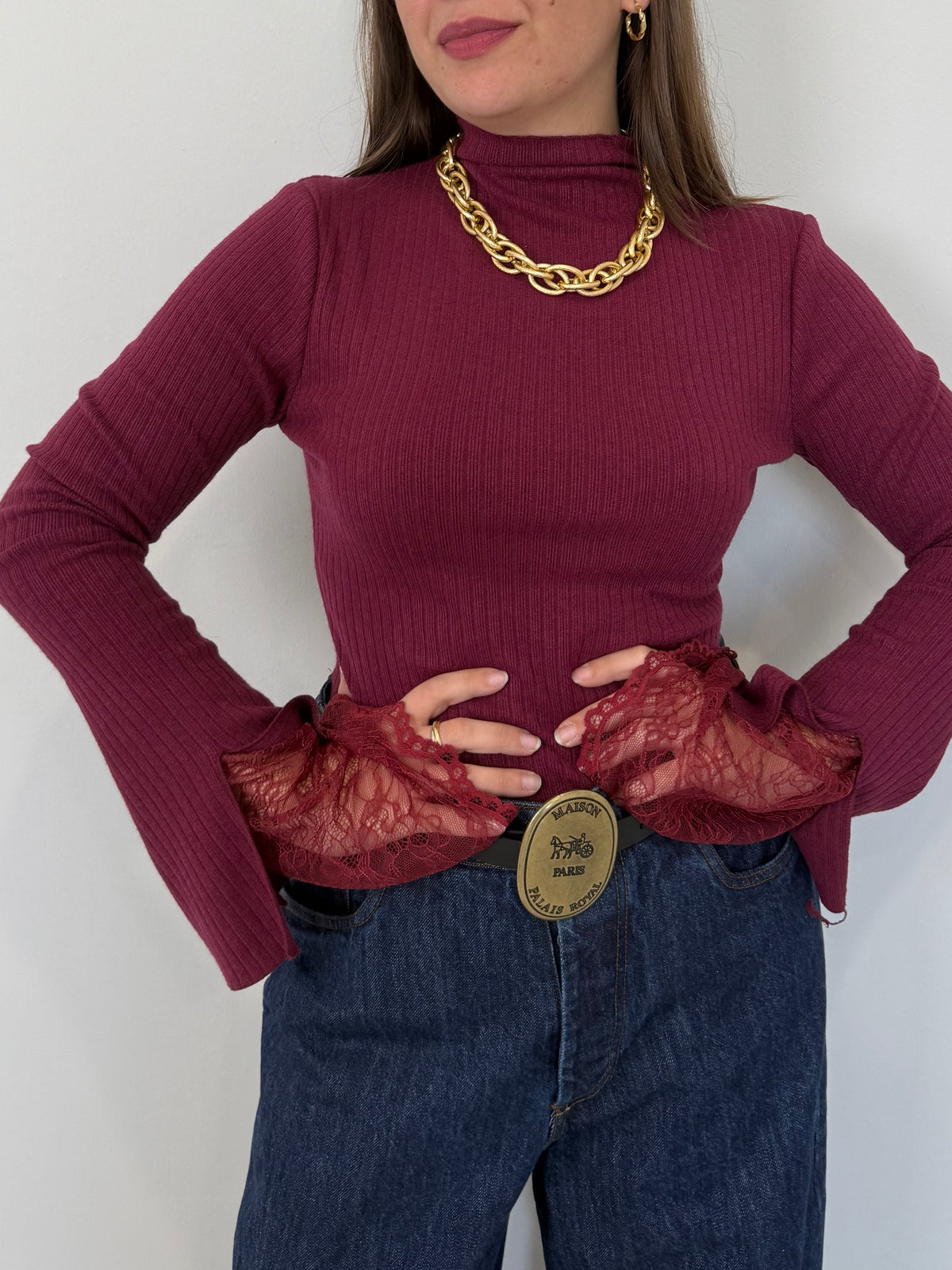 Haveone - Maglia con pizzo nella manica bordeaux