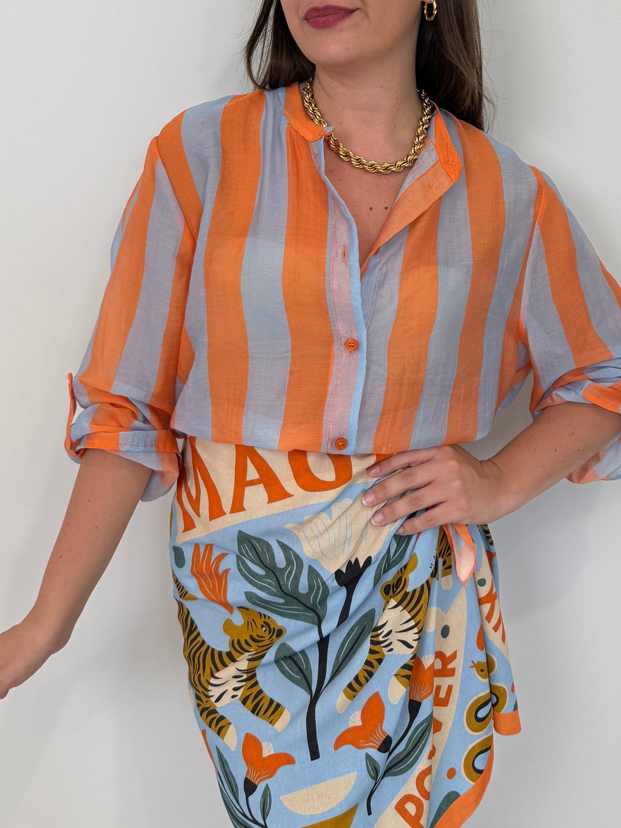 Haveone - Camicia righe larghe arancio/celeste