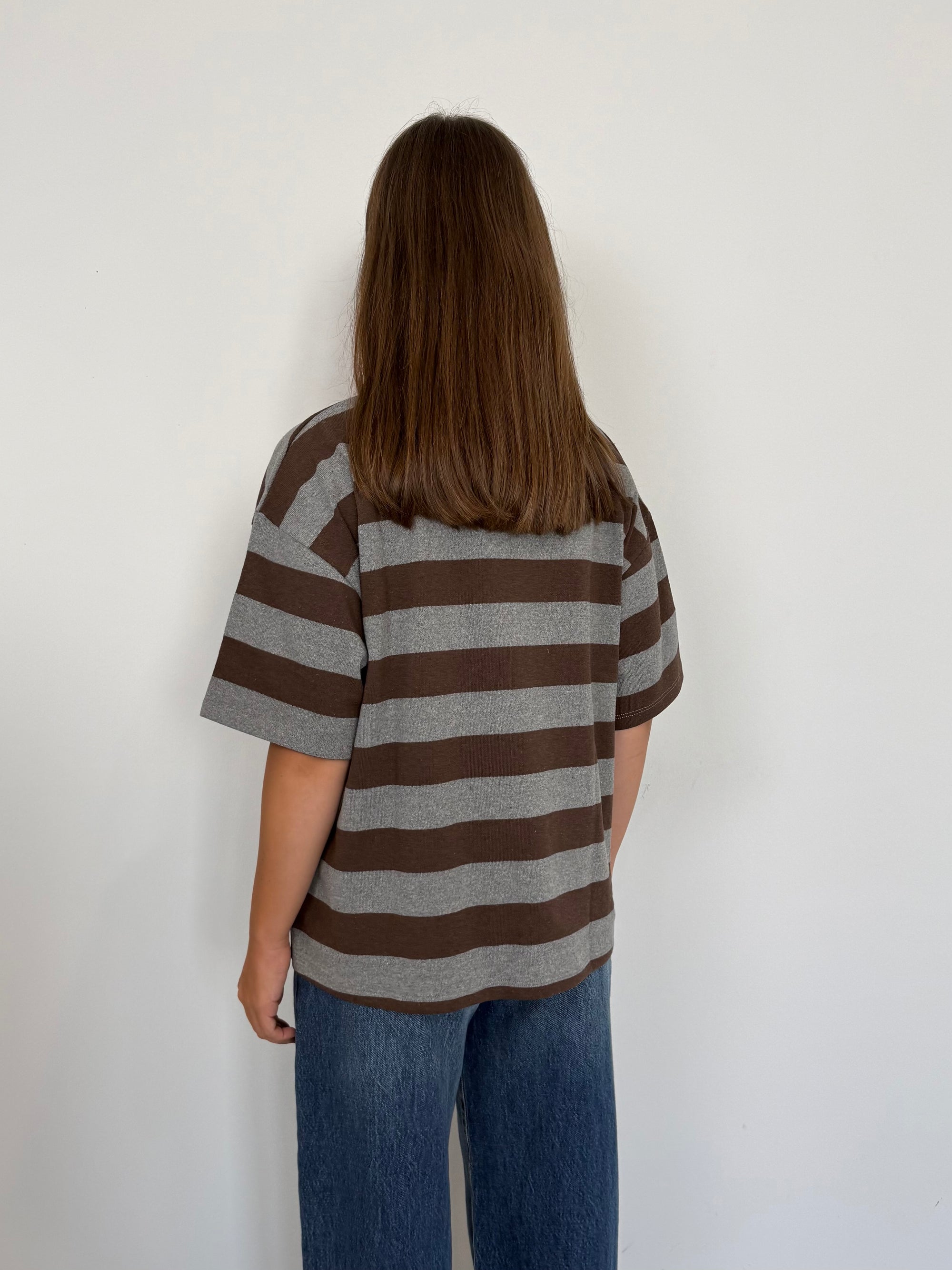 SusyMix - Maglia righe grigia moro con tasca paillettes