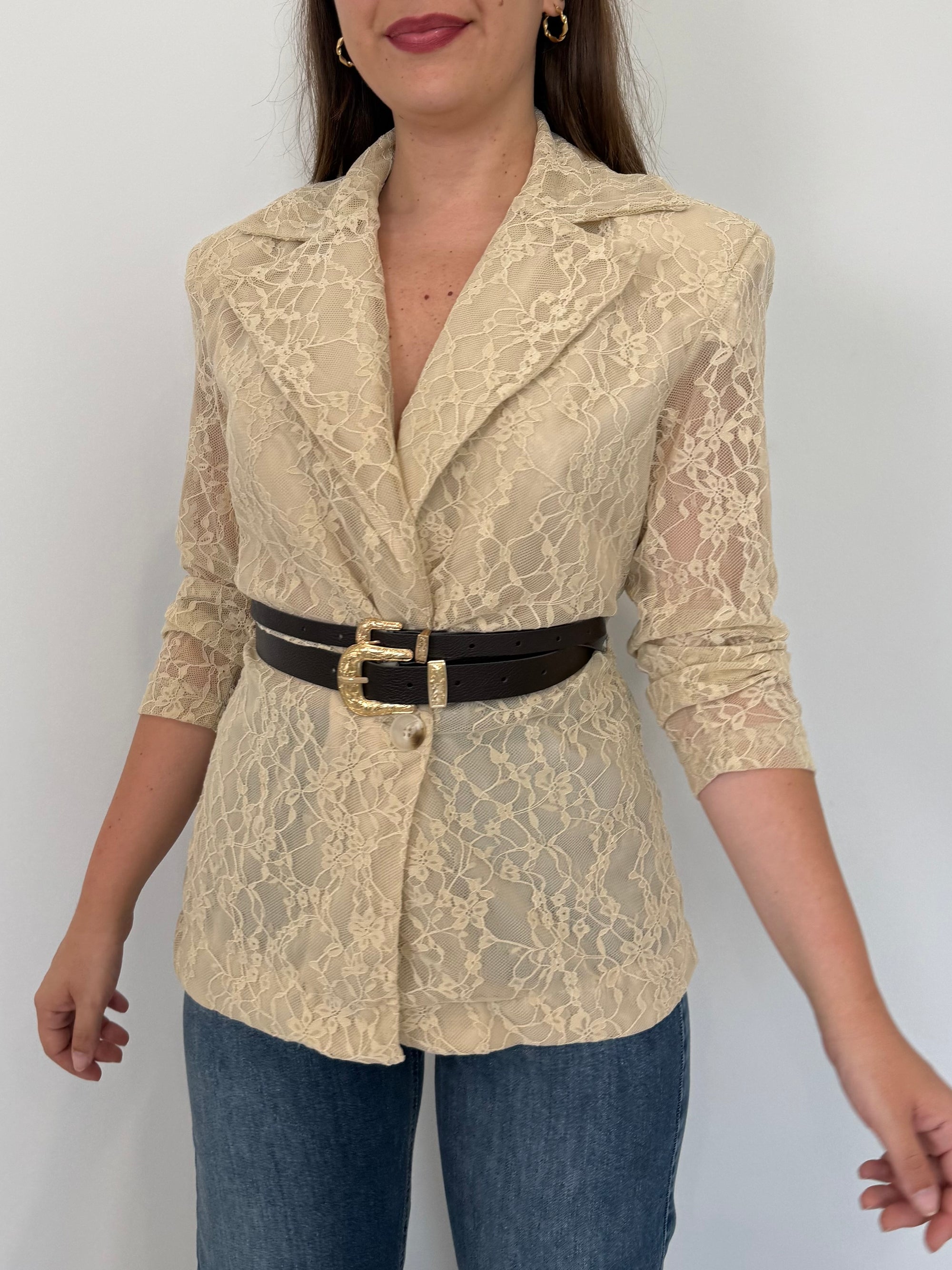 Haveone - Giacca in pizzo con cinture beige