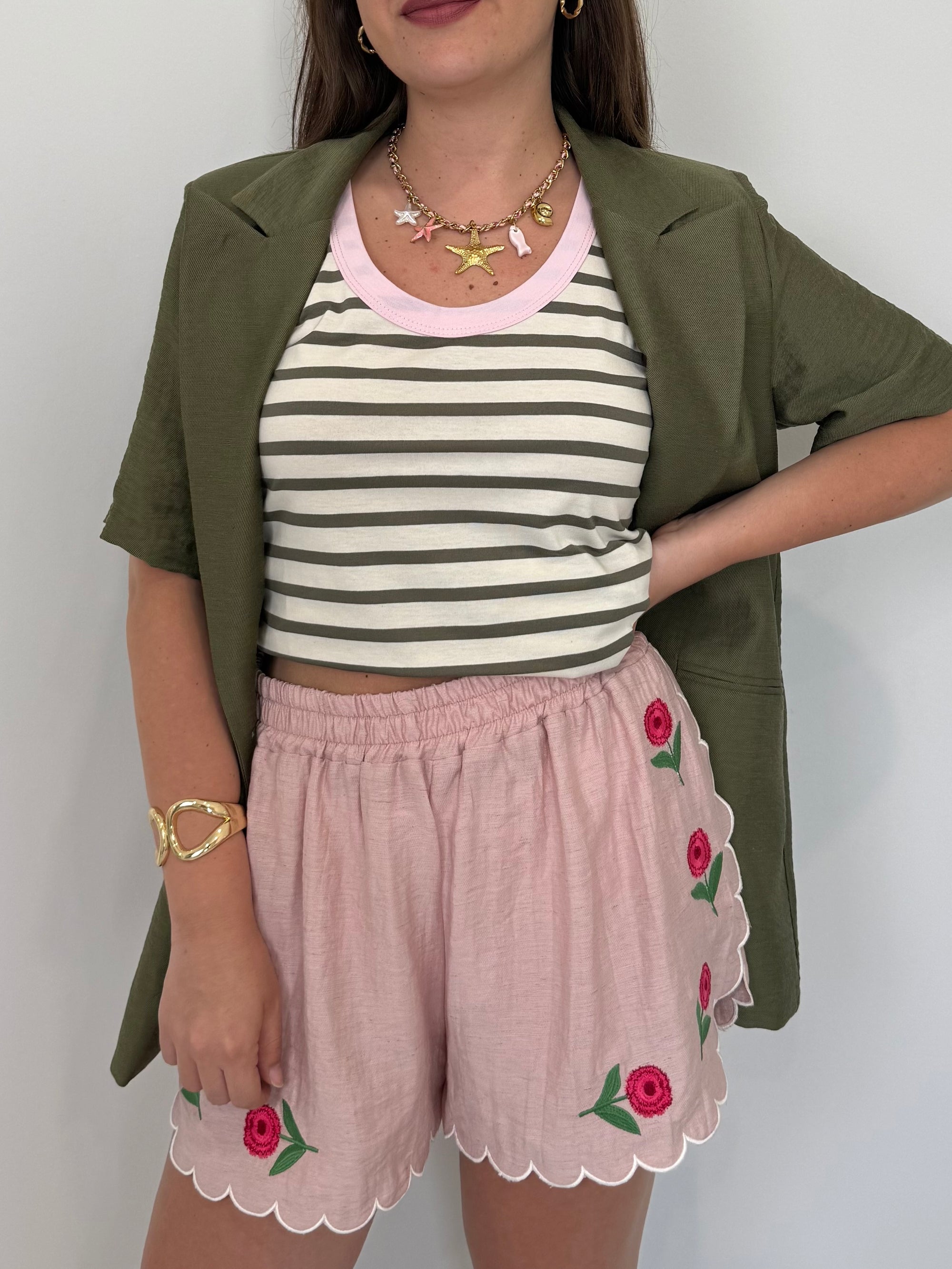 Haveone - Short con ricamo fiori rosa