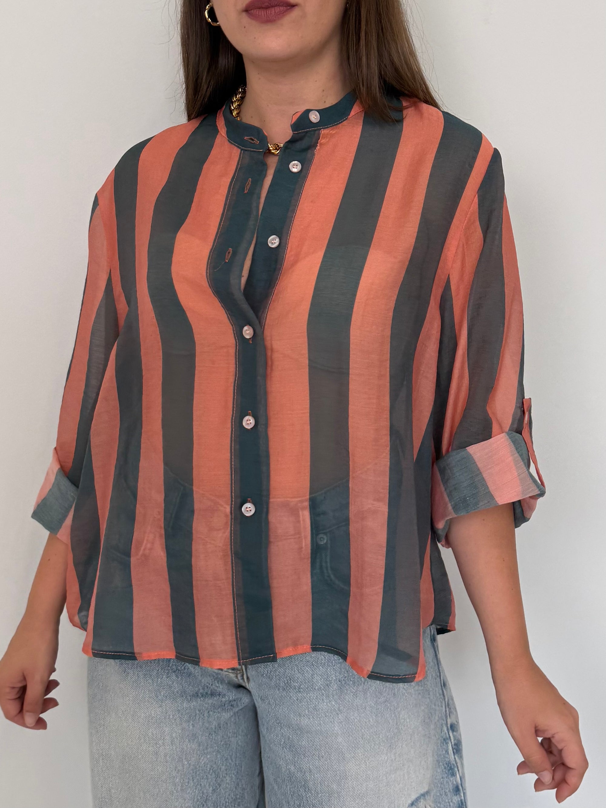 Haveone - Camicia righe larghe rosa verde
