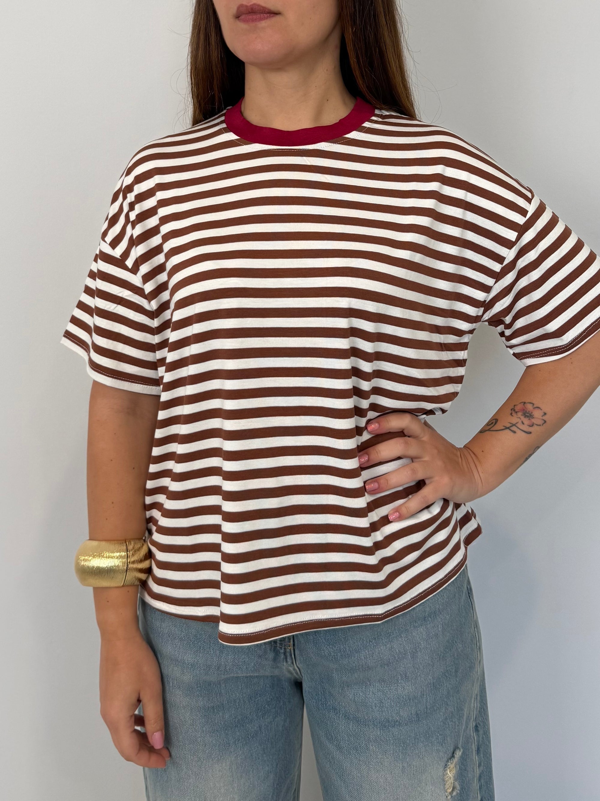 Haveone - Maglia riga moro contrasto bordeaux