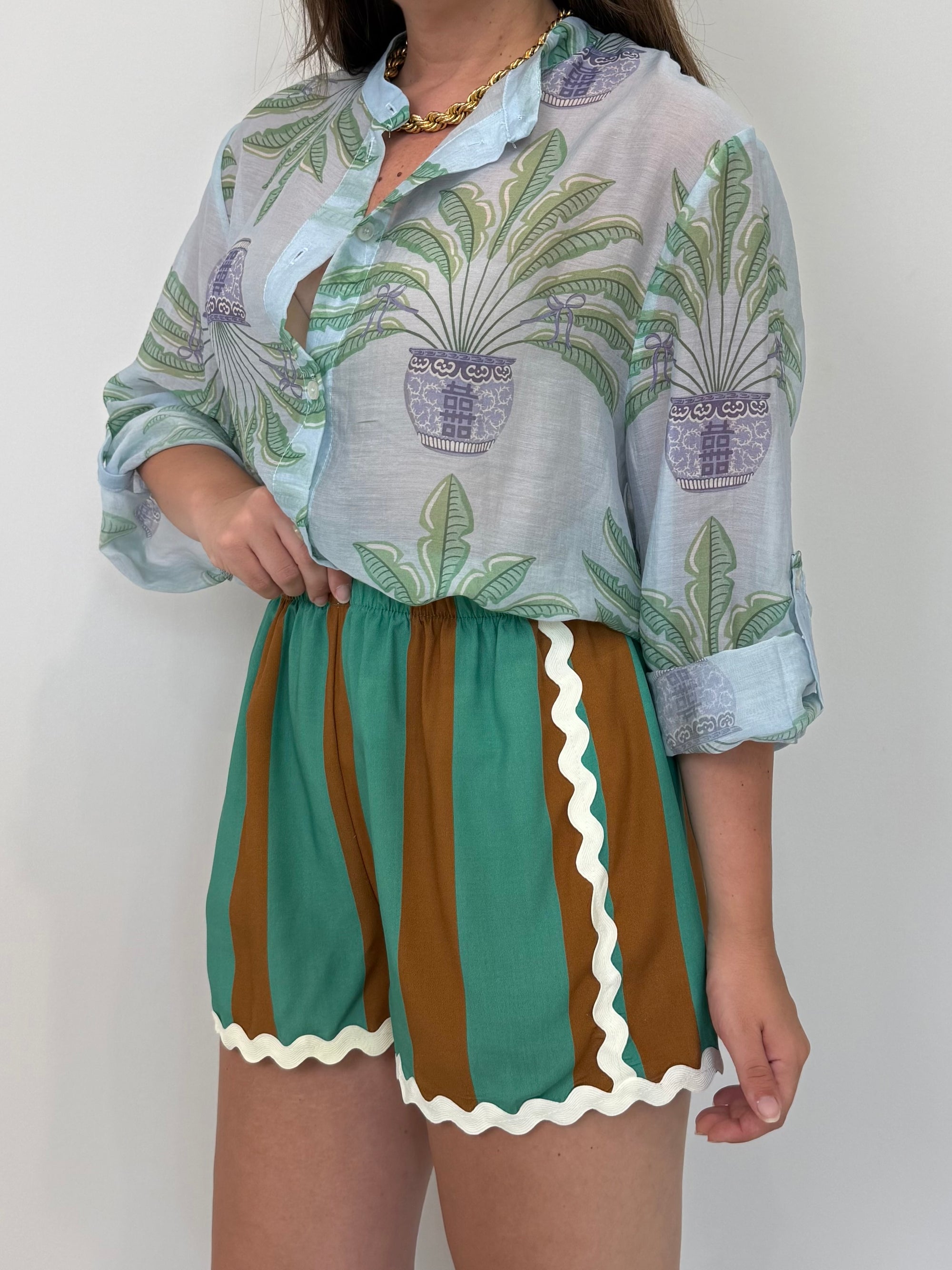 Haveone - Short rigato acquamarina con trinetta