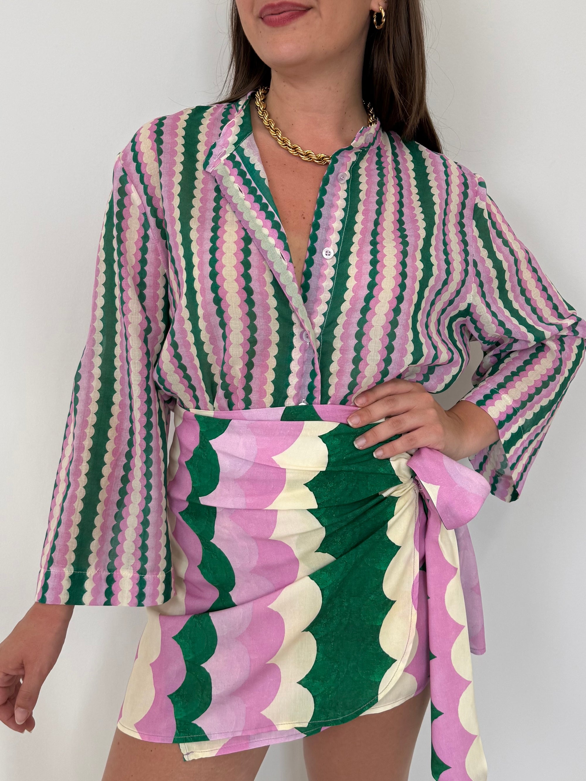 Tensione - Camicia geometrica rosa e verde