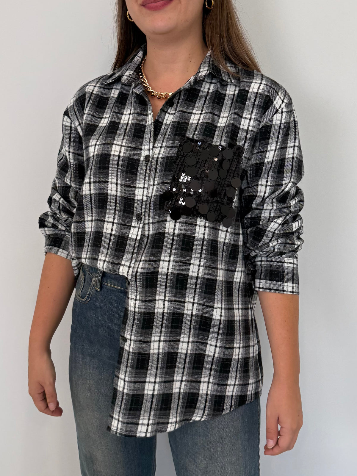 SusyMix - Camicia check nera con tasca paillettes