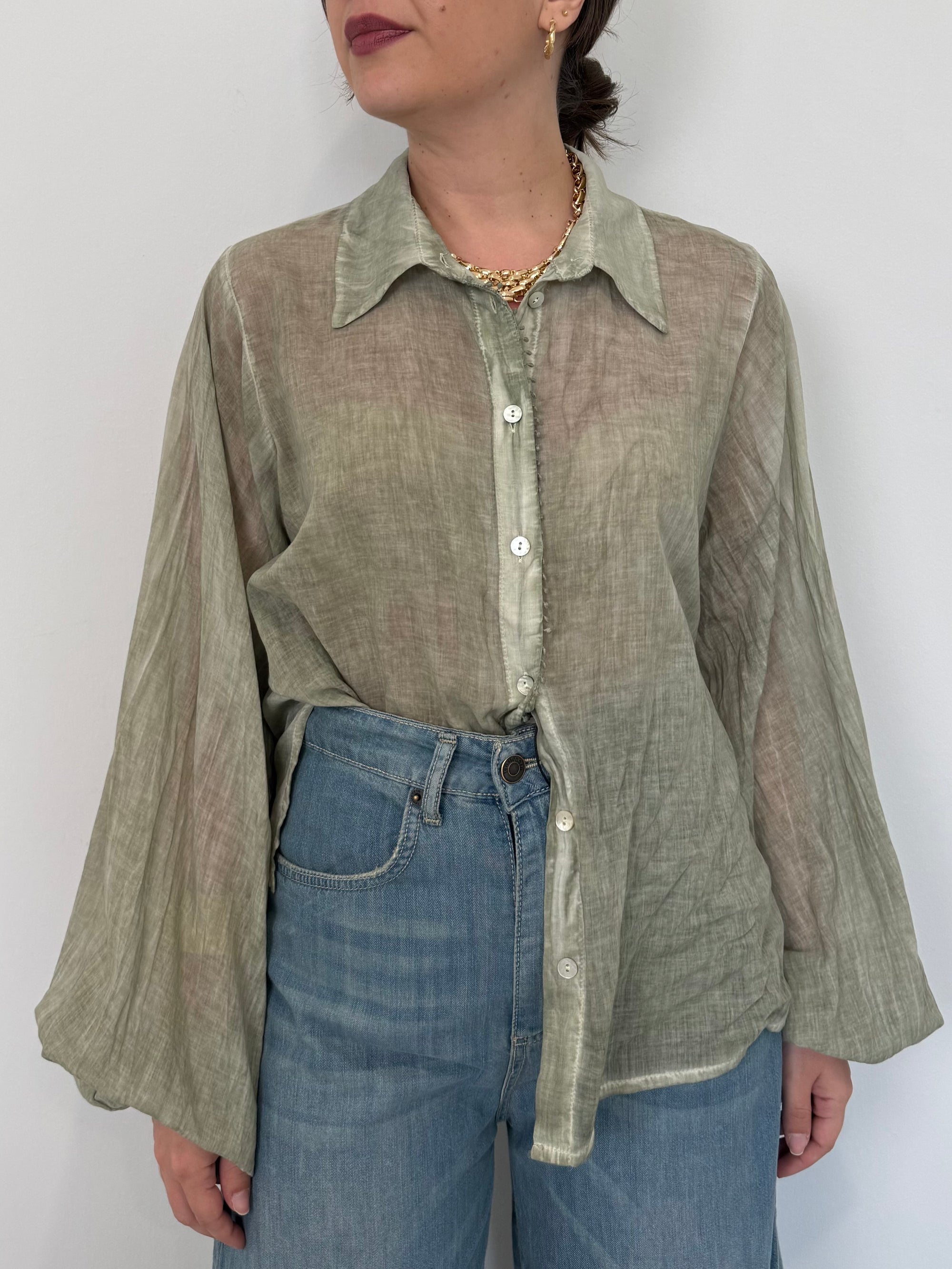 Haveone - Camicia in mussola con trina verde