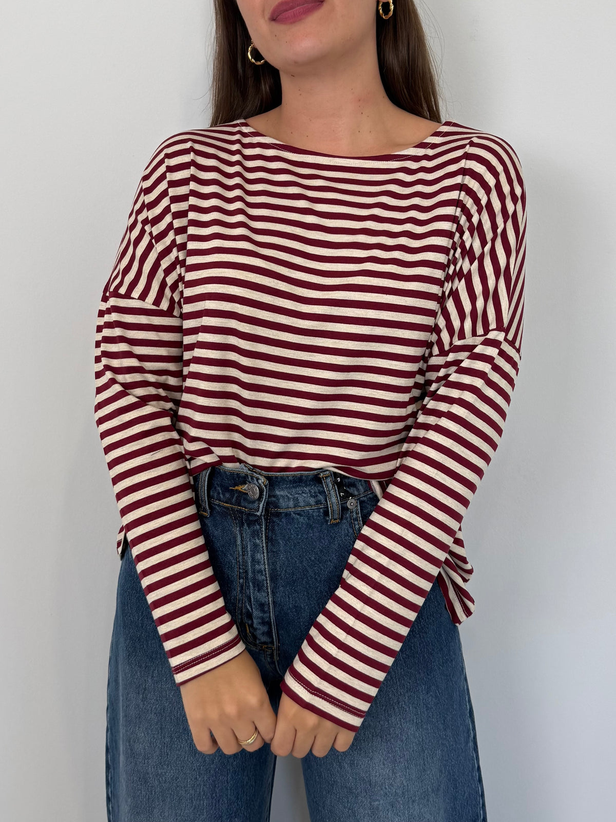SusyMix - Maglia scatola scollo barca righe bordeaux