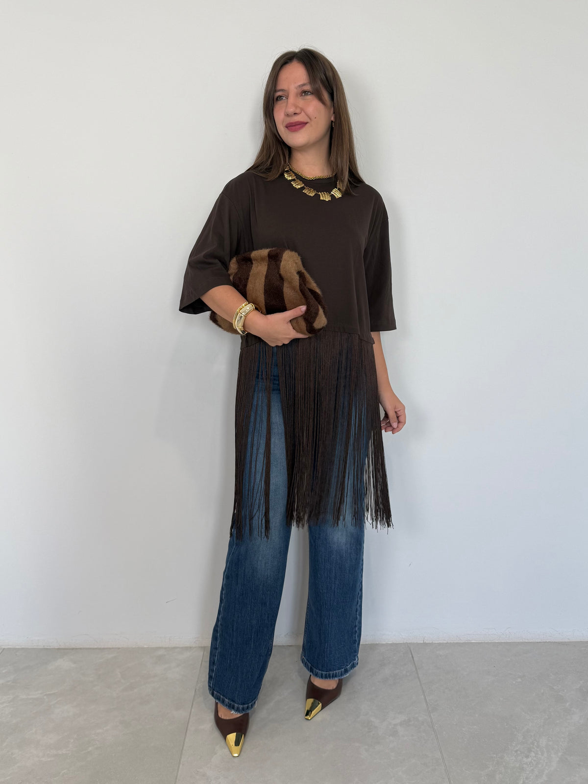 Haveone - Maglia con frange moro