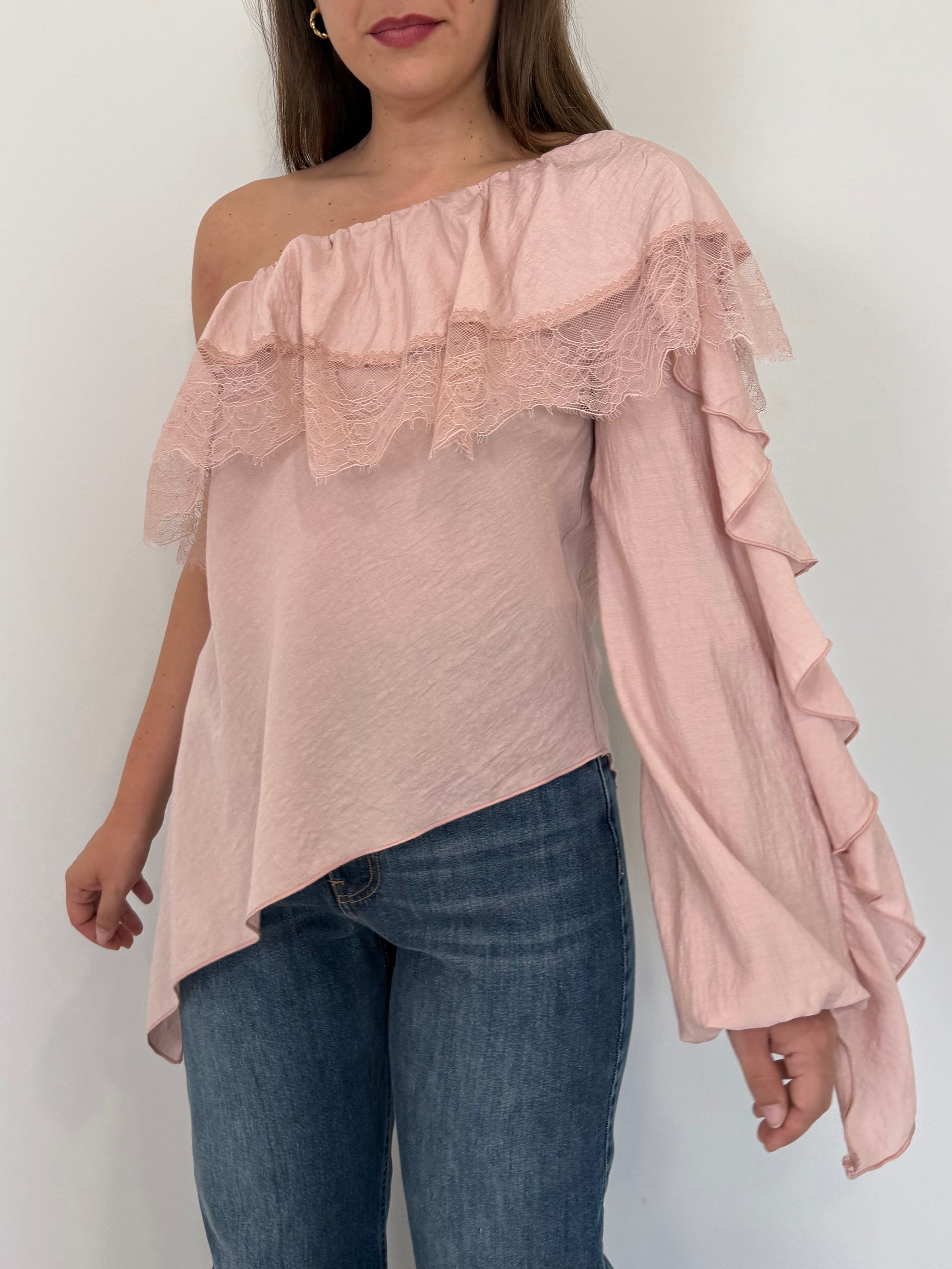 Haveone - Maglia monospalla con pizzo rosa