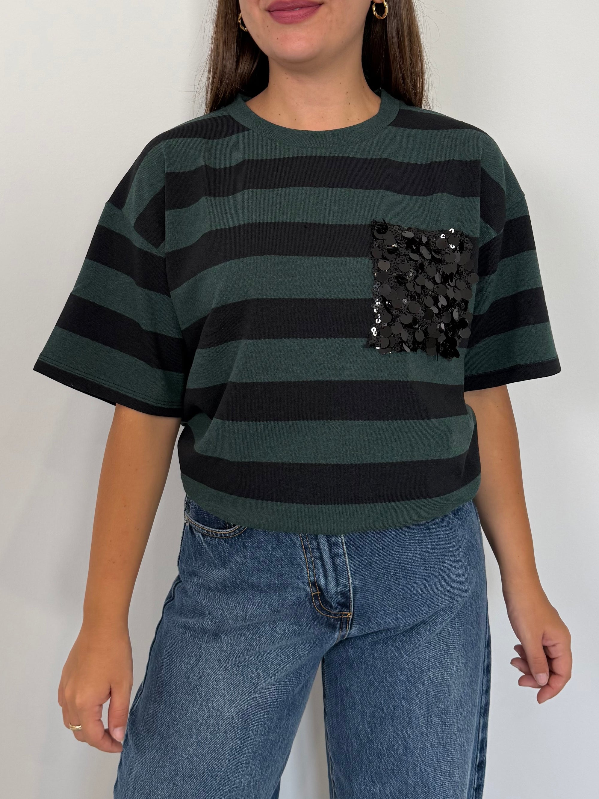 SusyMix - Maglia righe verde nera con tasca paillettes