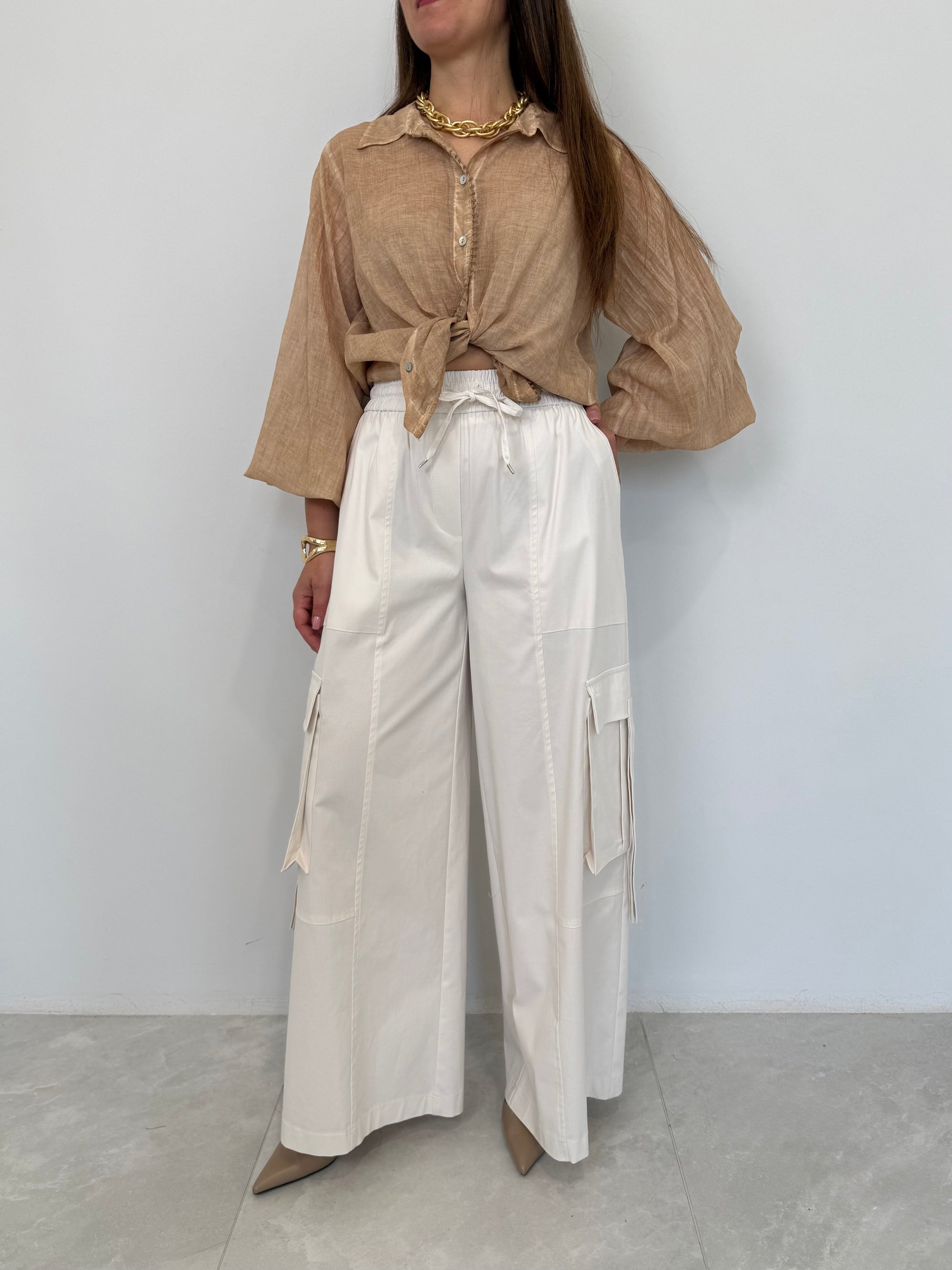 Tensione In - Pantalone cargo in cotone panna