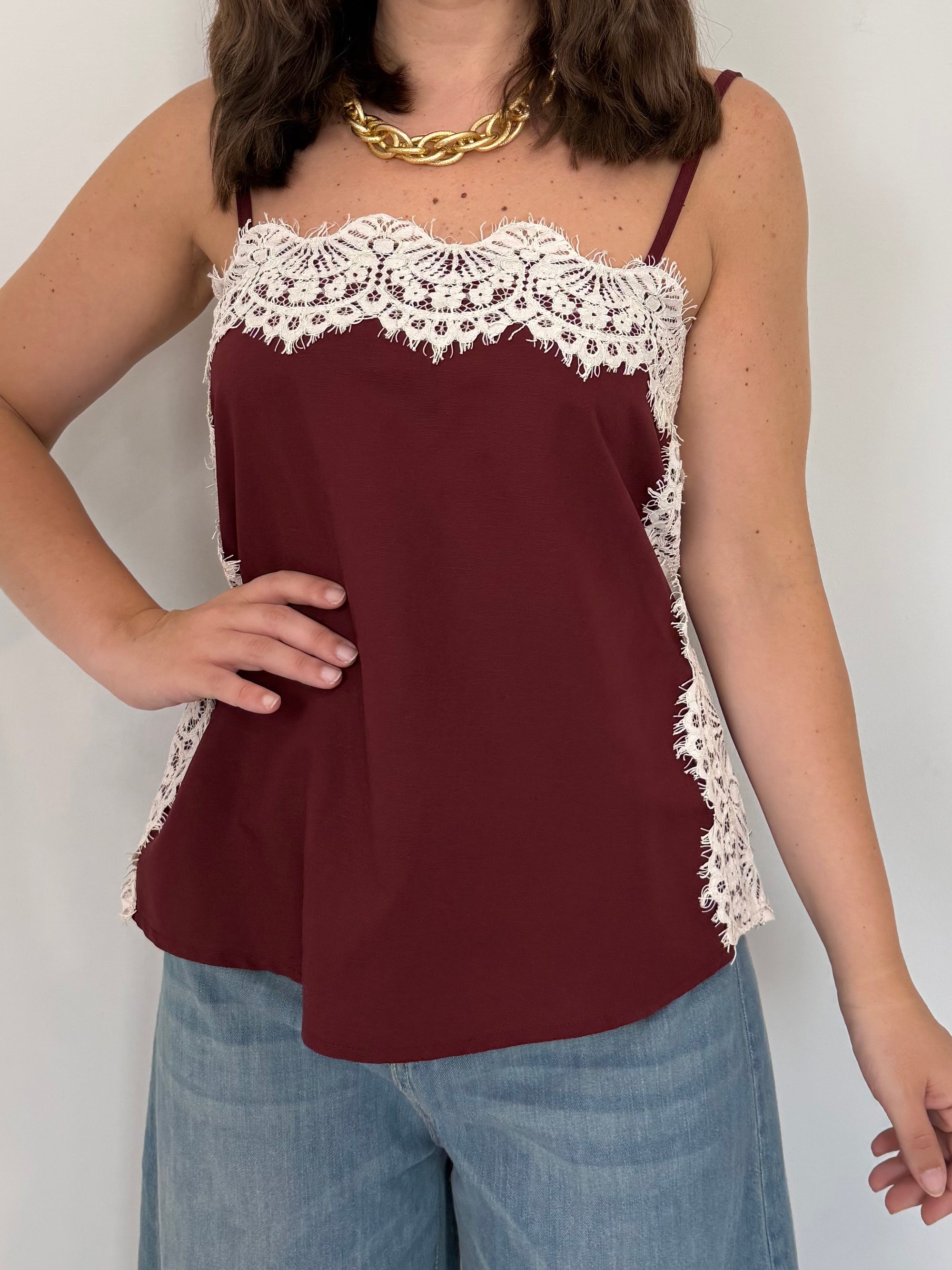 Haveone - Top con pizzo a contrasto india